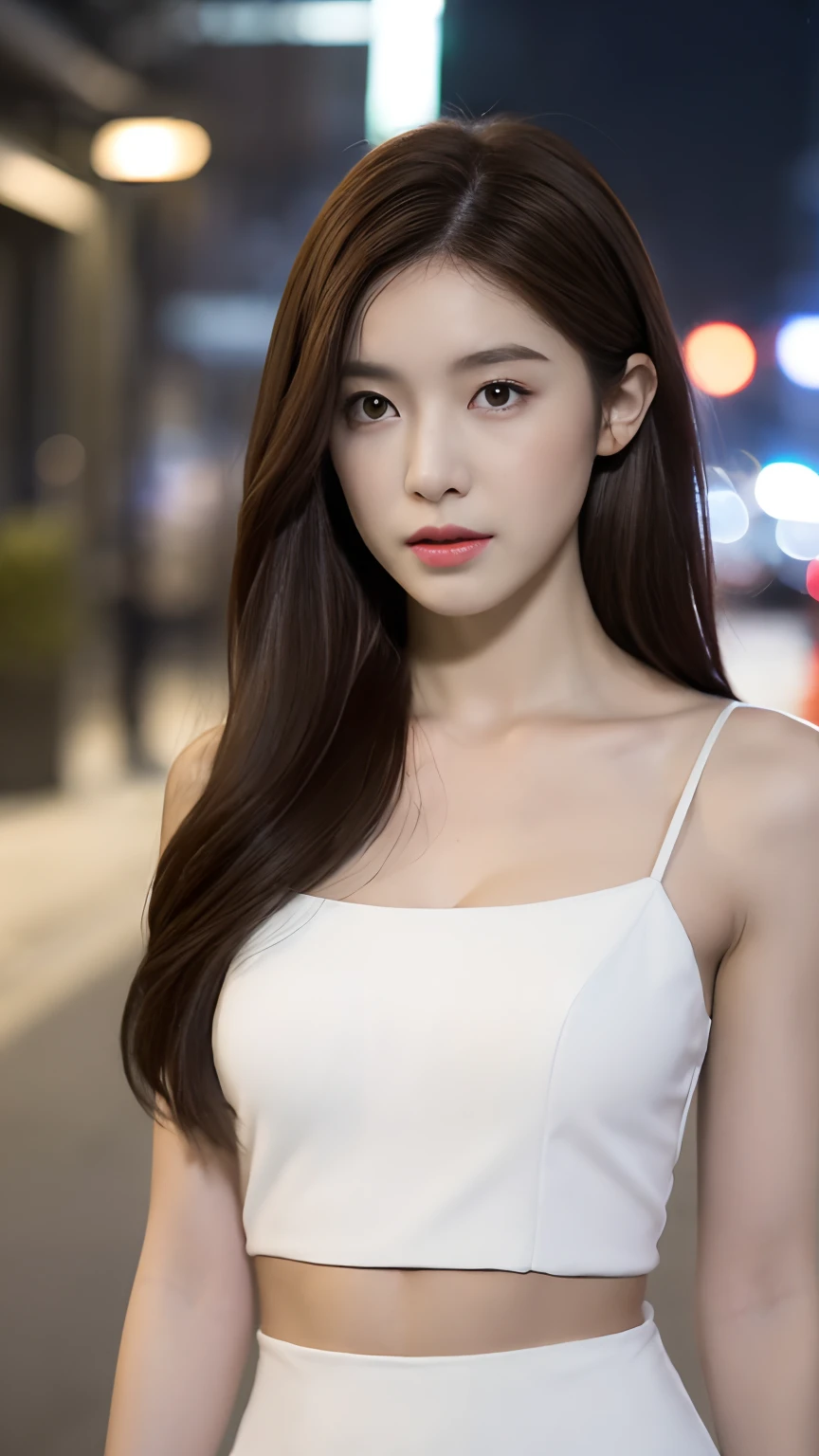 ((Realistic lighting, Best quality, 8K, Masterpiece: 1.3)), Focus: 1.2, 1girl, Perfect Figure: 1.4, Slim Abs: 1.1, ((Dark brown hair)), (White dress: 1.4), (Outdoor, Night: 1.1), City streets, Super fine face, Fine eyes, Double eyelids,