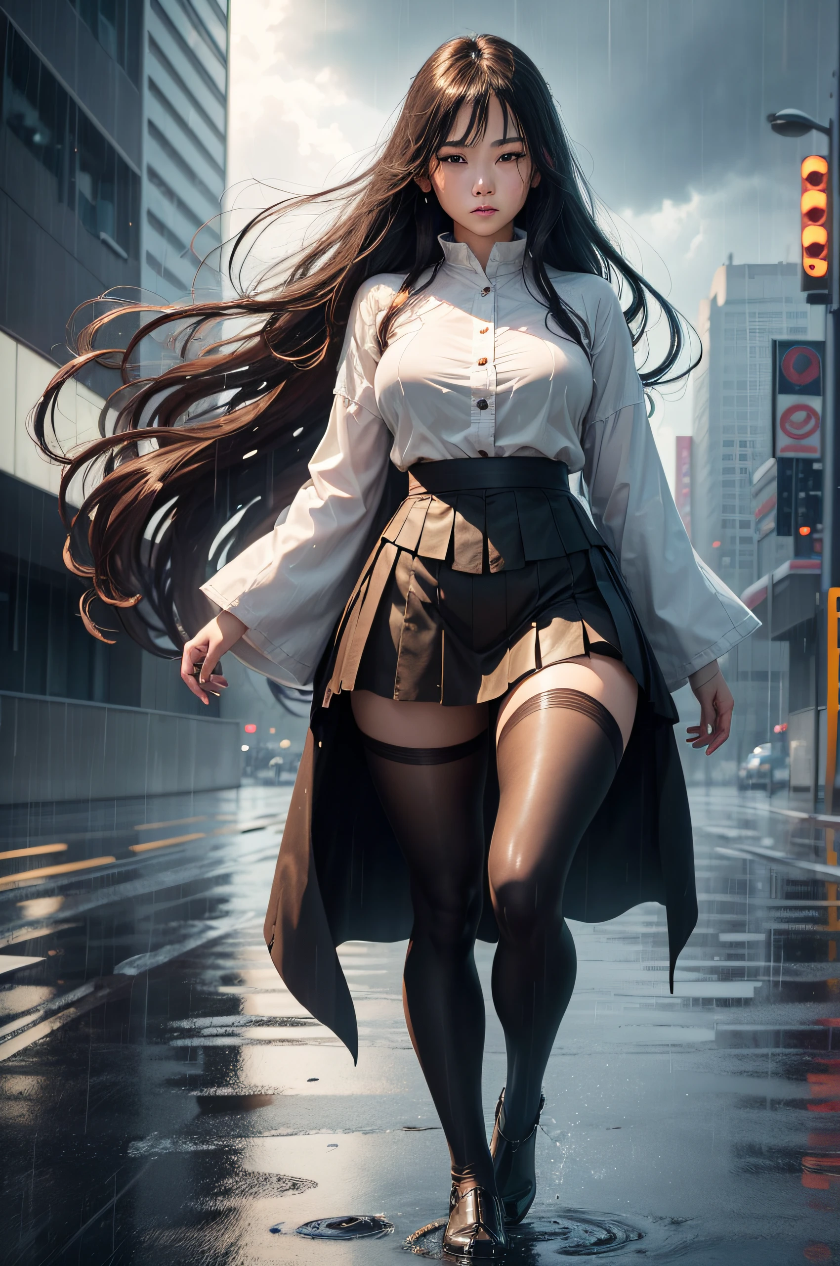 ((full body photograph)) of a Japanese woman, perfect nails, wet hair, very long hair, (proud face:1.2), Jpop idol, (RAW photo:1.2), (photorealistic:1.4), (masterpiece:1.3), (intricate details:1. 2), open neck, delicate, (head_scale:0. 8), beautiful detailed, (detailed eyes), (detailed facial features), tall woman, narrow waist, close-fitting, (medium-sized breasts), ((((longtights, skirt))), (looking_at_the_viewer), front view, (best_scale:1. 4), (ultra highres:1.2), cinema light, outdoor, ((heavy rain, strong wind, storm)), megalopolis, (extremely detailed illustration), (long eyelashes, best_scale, ultra highres, depth of field, caustic, wide lighting, natural shading, 85mm, f/1. 4, ISO 200, 1/160s:0.75) .