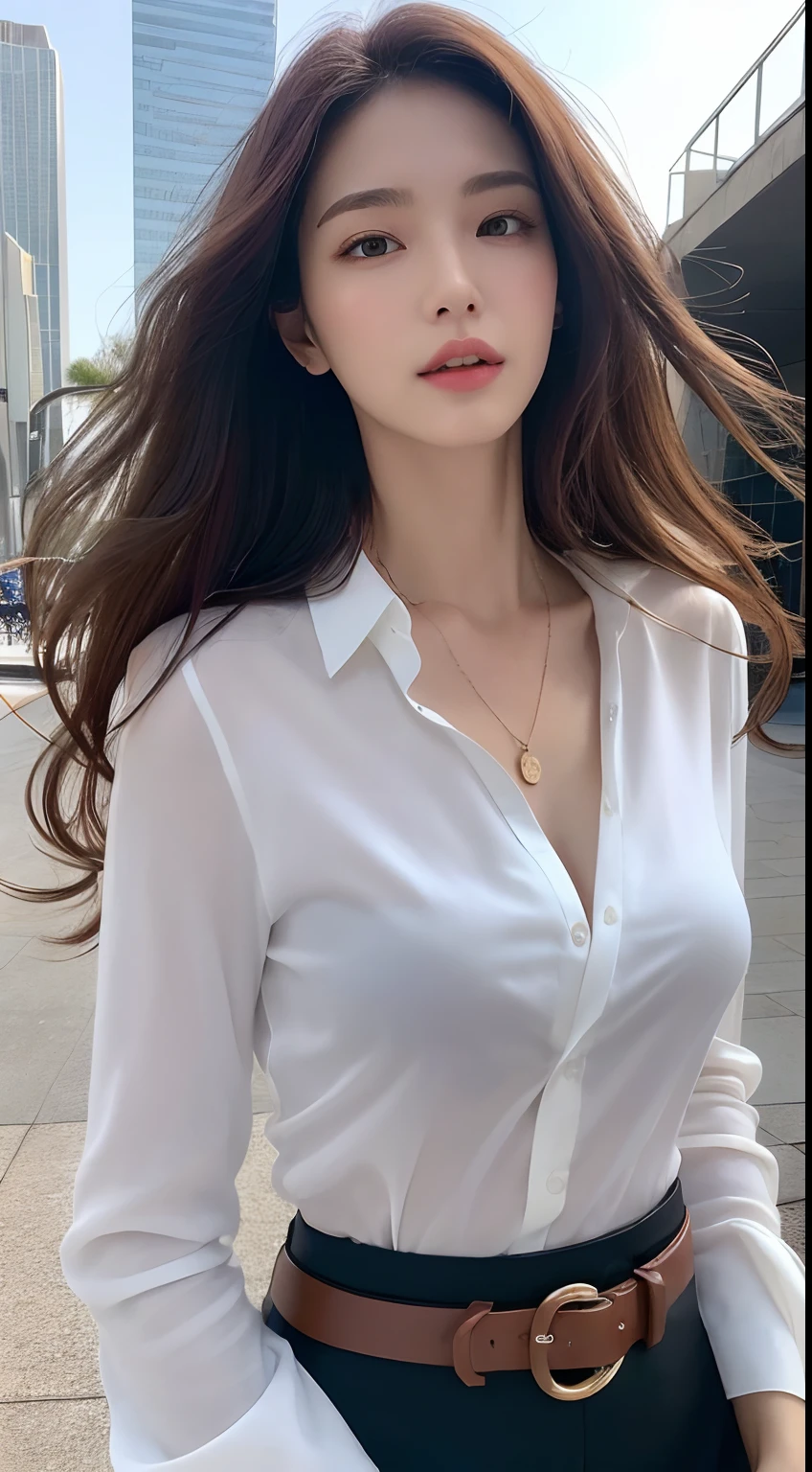 ((Best Quality, 8K, Masterpiece: 1.3)), Sharp: 1.2, Perfect Body Beauty: 1.4, Slim Abs: 1.2, ((Layered Hairstyle, Big Breasts: 1.2)), (Wet White Button Long Shirt: 1.1), (Rain, Street: 1.2), Wet: 1.5, Highly detailed face and skin texture, detailed eyes, double eyelids, side face looking at the camera, ulzzang -6500-v1.1