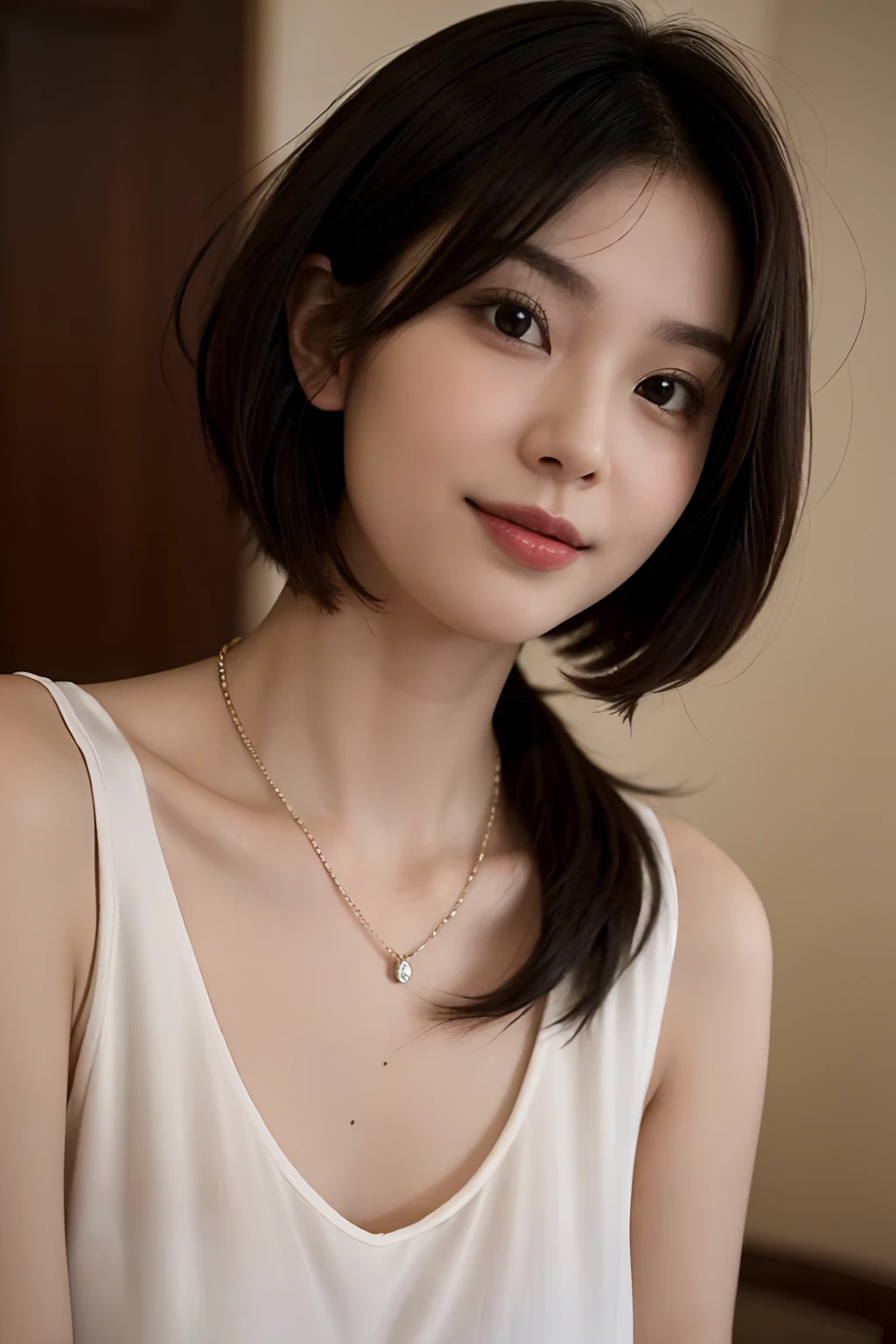 there is a woman with a necklace on her neck posing for a picture, 2 7 years old, 2 8 years old, 2 9 years old, with short hair, 21 years old, 2 3 years old, 2 2 years old, 3 2 years old, slight cute smile, cute seductive smile, malaysian, beautiful asian girl, 38 years old