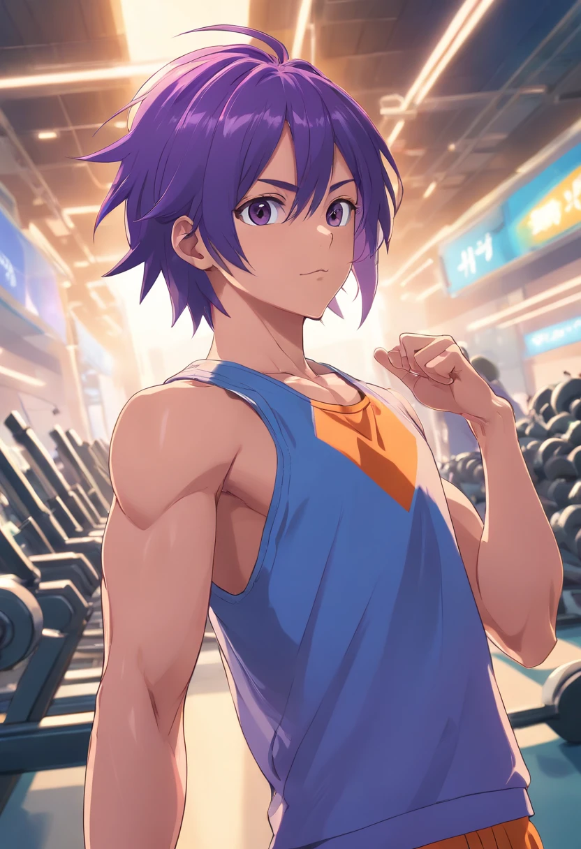 (high quality,ultra-detailed),(realistic:1.37) ,Dragon Ball Z, masculine, purple hair, intense training in a gym, well-detailed and defined muscles, bicep workout, emphasis on biceps,vector art, vibrant colors, dynamic composition, dramatic lighting, muscular body, confident expression, intense focus, energetic atmosphere, epic battle scene, powerful aura