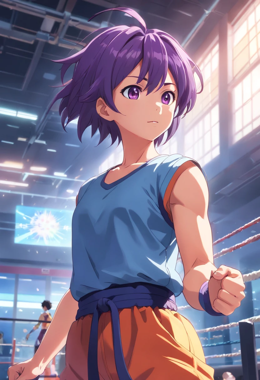 (high quality,ultra-detailed),(realistic:1.37) ,Dragon Ball Z, masculine, purple hair, intense training in a gym, well-detailed and defined muscles, bicep workout, emphasis on biceps,vector art, vibrant colors, dynamic composition, dramatic lighting, muscular body, confident expression, intense focus, energetic atmosphere, epic battle scene, powerful aura
