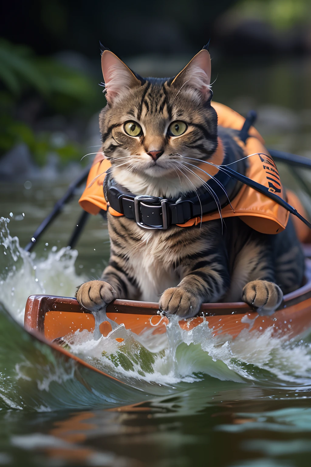 A cat wearing a life jacket,Canoeing, Rushing streams, k hd, best qualityer.