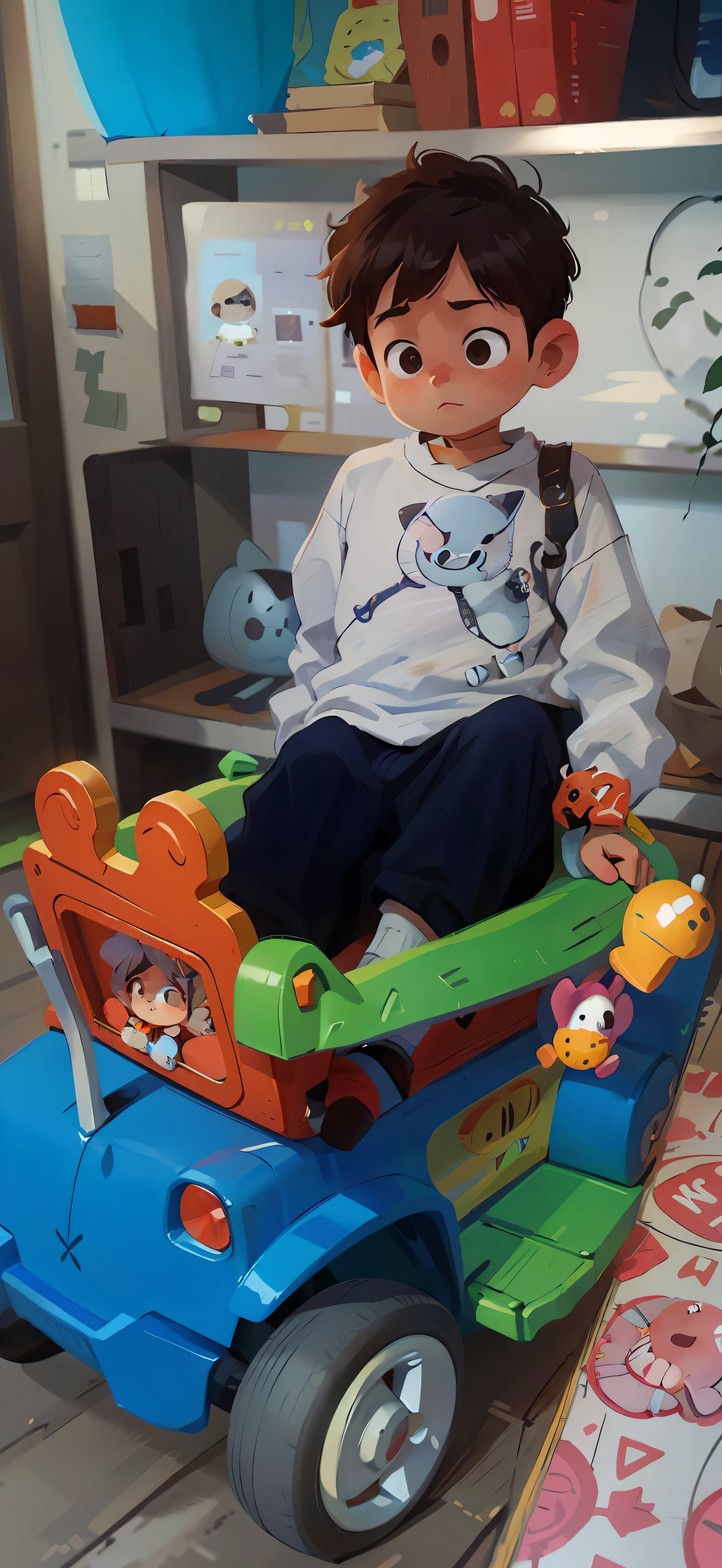 there is a small child that is sitting in a toy truck, trying to ride it, , toy photo, really trying to ride it, driving in a little toy car, childrens toy, riyahd cassiem, children's toy, album photo, sitting in his highchair, illustration!, photo taken in 2 0 2 0, laica chrose