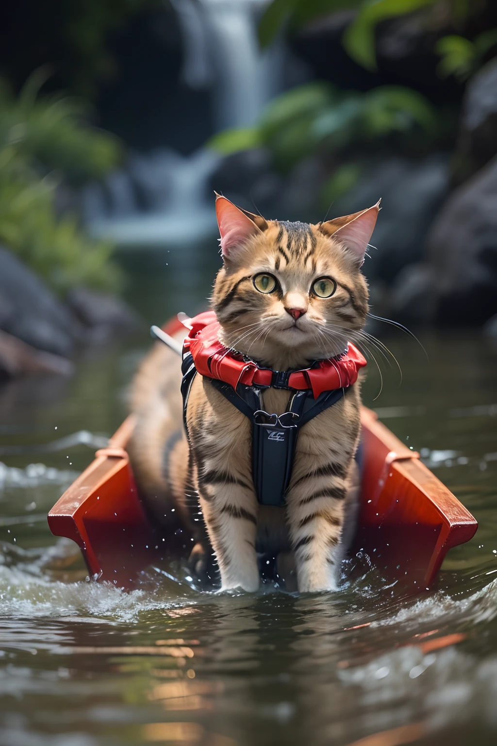 A cat wearing a life jacket,Canoeing, Rushing streams, k hd, best qualityer.