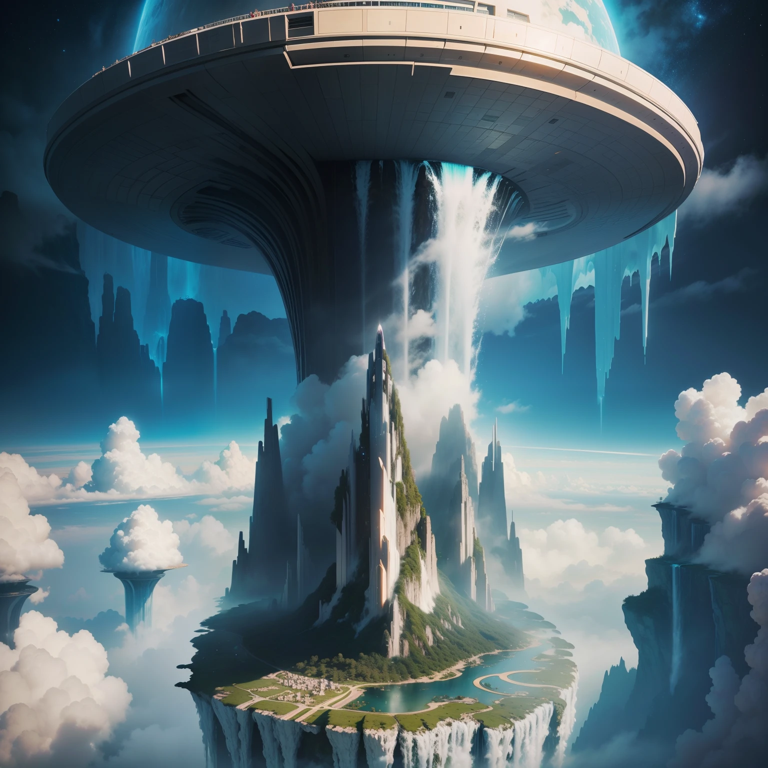 A futuristic city towering above the clouds、great outdoors,epcot,超A high resolution,masterpiece,dream,Super huge waterfall,Fantasia,