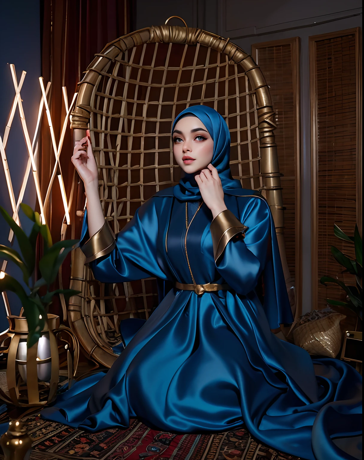 3dmm style, Masterpiece, best quality, photography, detailed skin, realistic, photo-realistic, 3D Character Design, pixar, real cartoon, 8k, highly detailed, full length frame, High detail RAW color art, diffused soft lighting, shallow depth of field, sharp focus, hyperrealism, cinematic lighting, ((close up)) hijab, a woman, beautifully makeup, brown beautiful big eyes, long eye lashes, wearing (Dark blue satin hijab), loosely tide hijab style, ((gray satin kaftan dress)), facing front vew