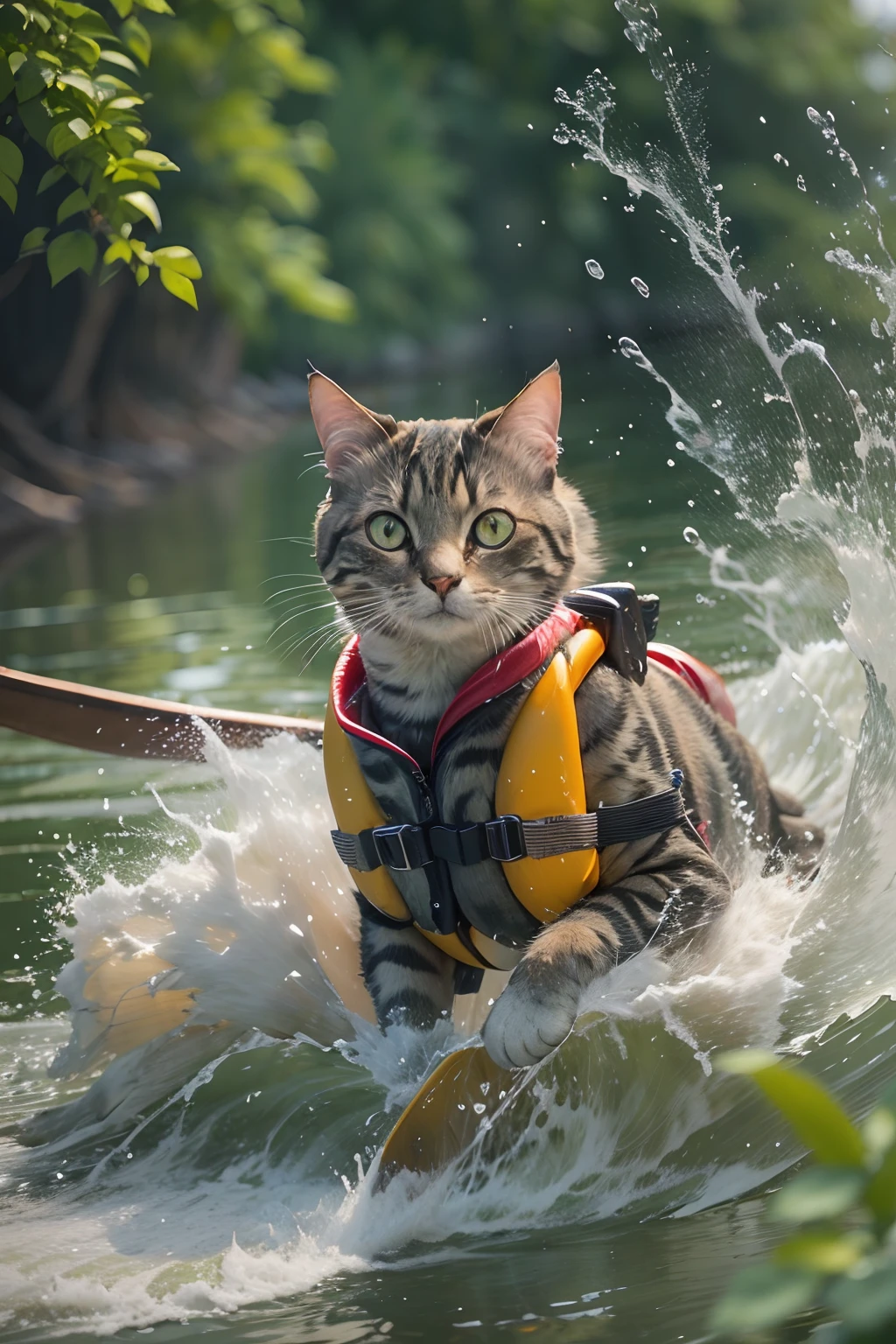 A cat wearing a life jacket,Canoeing, Rushing streams, k hd, best qualityer.