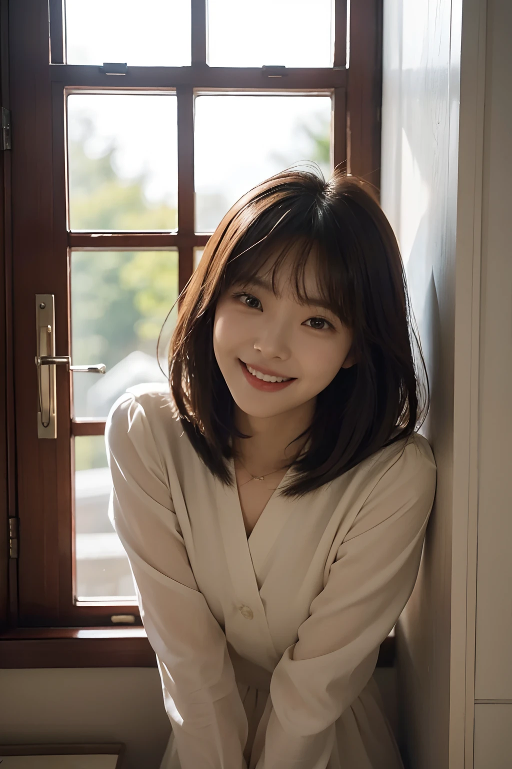 there is a woman that is smiling and looking out of a window, cute korean actress, lalisa manobal, sakimichan, sun yunjoo, coy smile, with bangs, joyful smirk, inspired by Kim Jeong-hui, shy smile, wan adorable korean face, bae suzy, lee ji - eun, lee ji-eun, charming smile