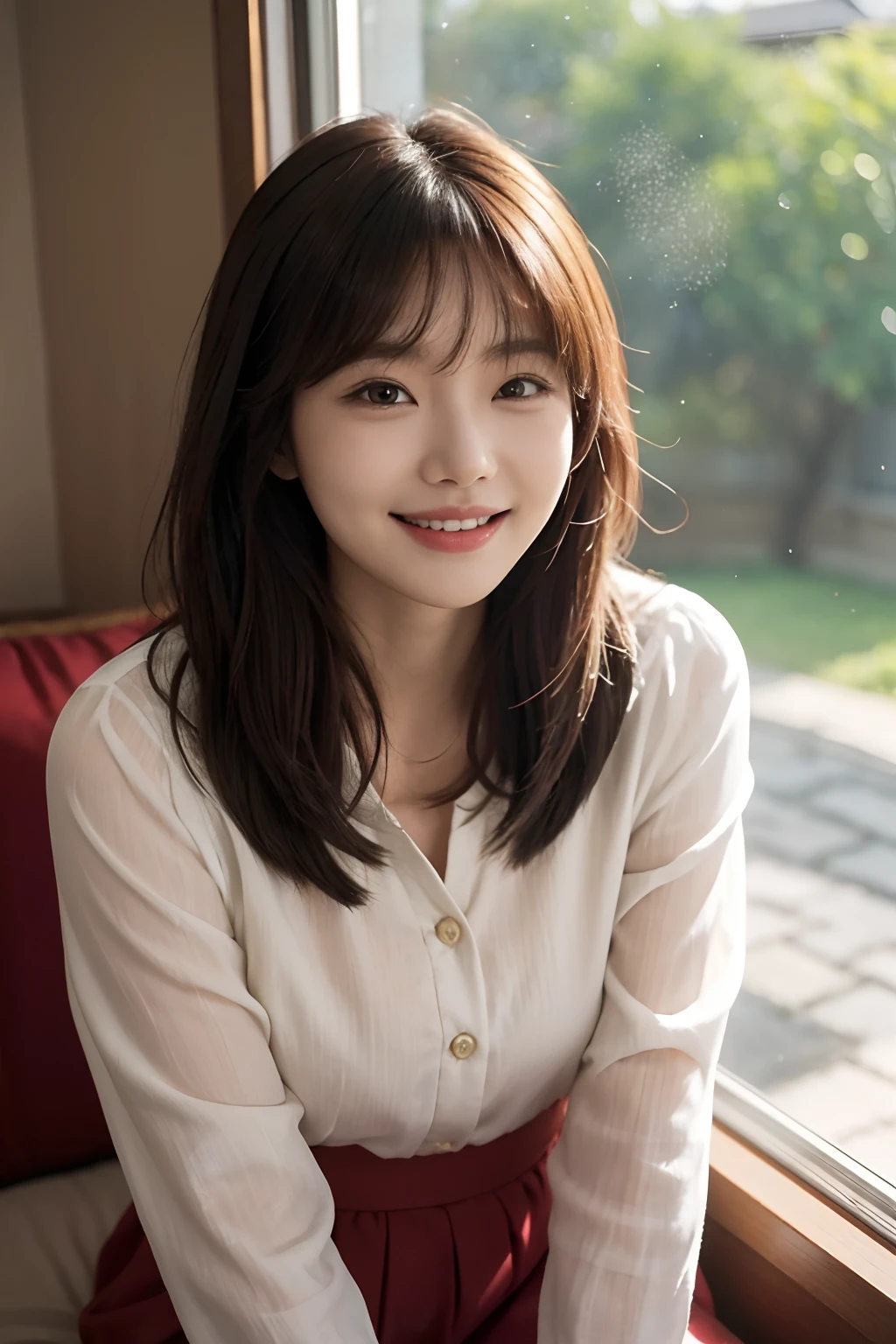 there is a woman that is smiling and looking out of a window, cute korean actress, lalisa manobal, sakimichan, sun yunjoo, coy smile, with bangs, joyful smirk, inspired by Kim Jeong-hui, shy smile, wan adorable korean face, bae suzy, lee ji - eun, lee ji-eun, charming smile