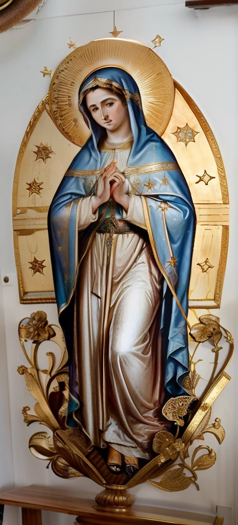 (((Blessed Virgin Mary of Mount Carmel))) Luminoso, en estilo similar al del artista WILLIAM ADOLPHE BOUGUEREAU, obra maestra, (La mejor calidad: 1.2), (super fine: 1.2), illustration, (extremadamente delicado y hermoso: 1.2), movie angle, flotante, (Hermoso ojo de detalle: 1.1), (detalle luz: 1.1), Movie Lights, Cielo delicado, ojos azules, (Cola de caballo alta: 1.1), capa, ojuelos, cielo estrellado, (light particles: 1.1) dibujo, flor. (obra maestra), (La mejor calidad), (fotorrealista:1.3), 8k, Textura detallada de la piel, Textura detallada de la tela, hermosa cara detallada, Detalles intrincados, ultra detallado (cuerpo de cuerpo entero:1.2)