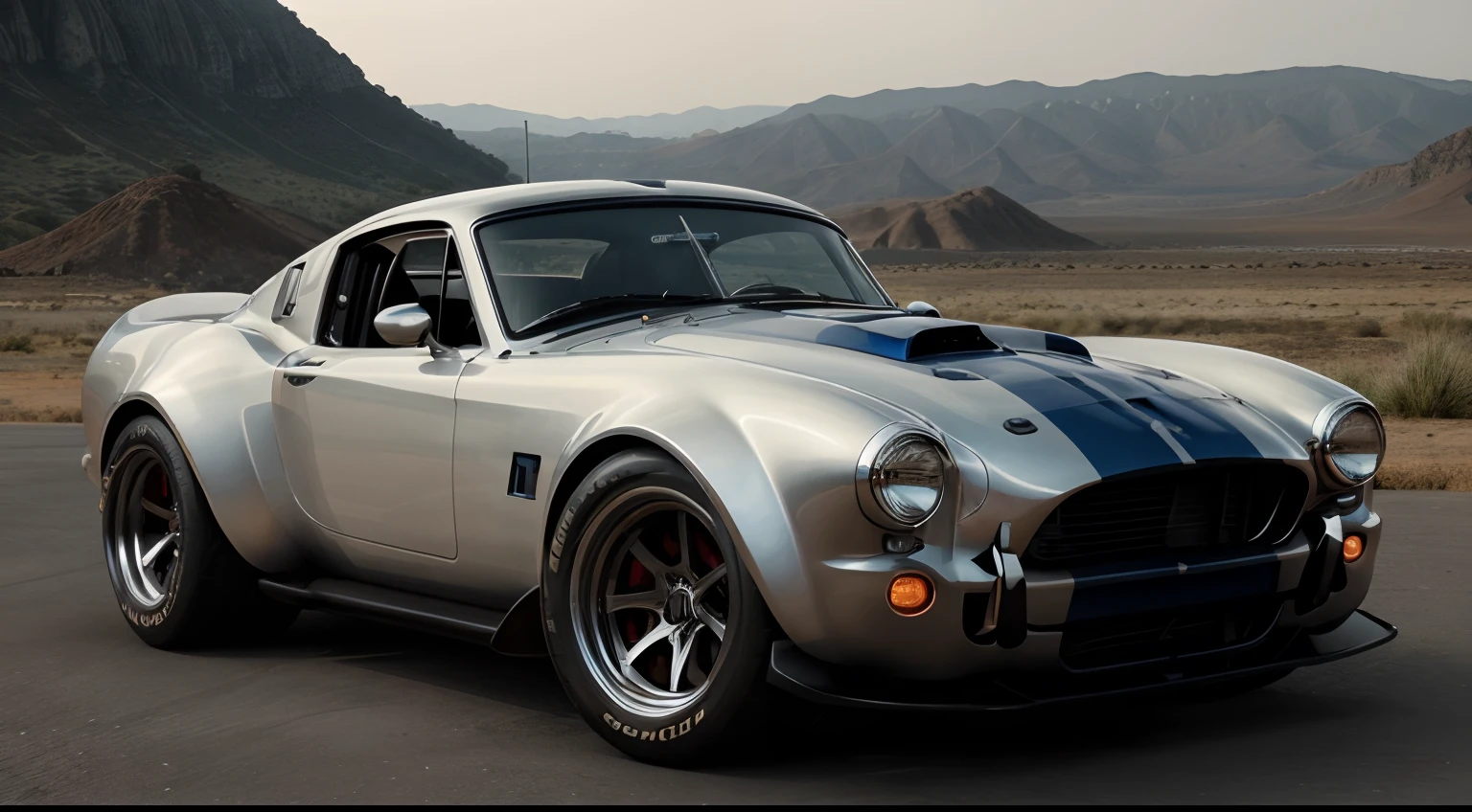 Best Quality, Extremely detailed, Cinematic lighting, 8K, Realistic, (Shelby Cobra MK3), Flashy design, Deep rim, Wide tires, car park