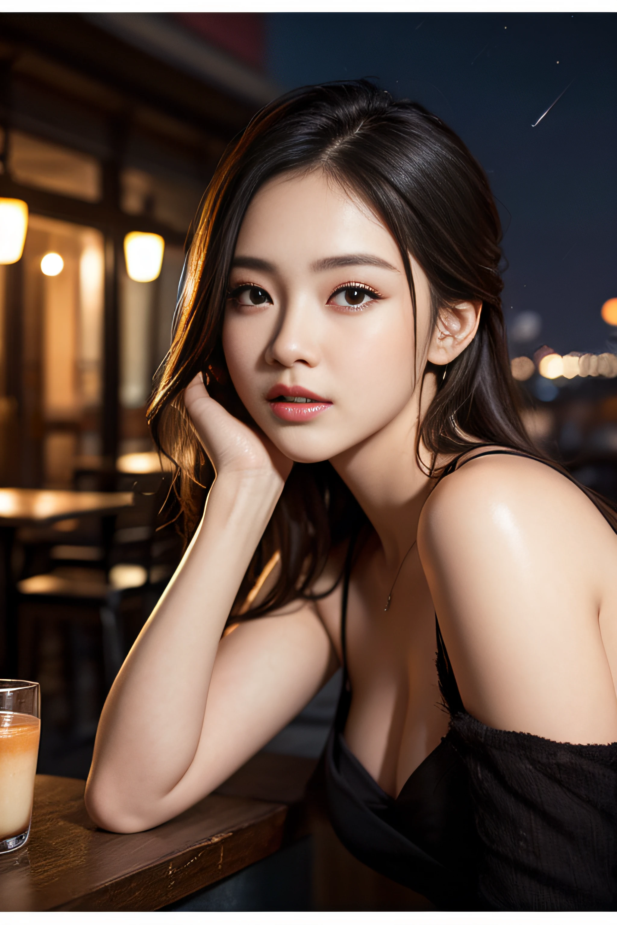 1girl in、(mid night)、Beautiful sky、cafes、sitting on、(beautiful and detailed face:1.4)、Textured skin、lighting like a movie、Sleeveless