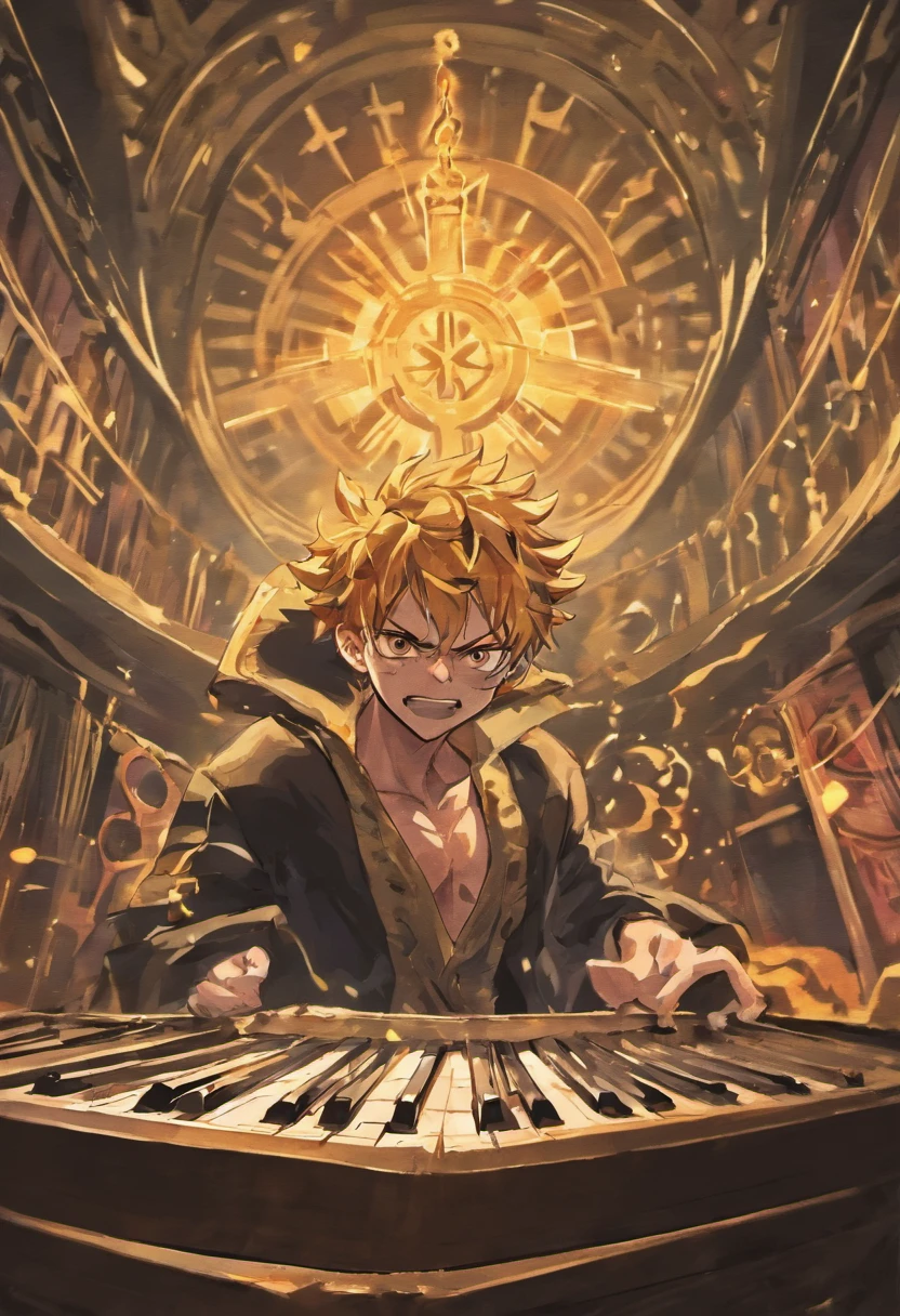 Brook of one piece with a blackpower on his head and a piano behind them