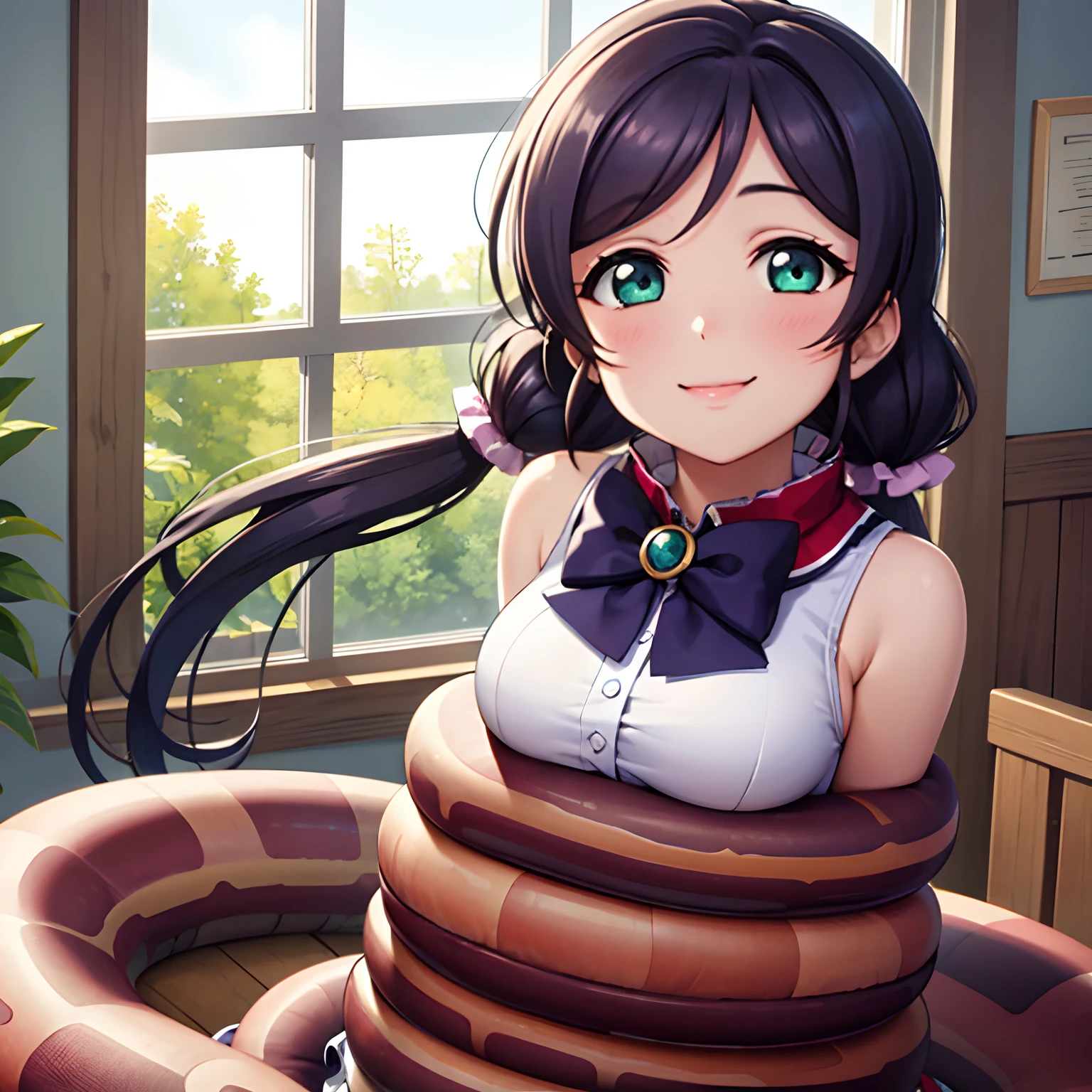 (masterpiece, best quality, ultra-detailed), (illustration), (beautiful detailed eyes), (1girl), (solo), toujou nozomi, green eyes, long hair, low twintails, scrunchie, long hair, looking at viewer, smile, bow, twintails, window, coils, snake