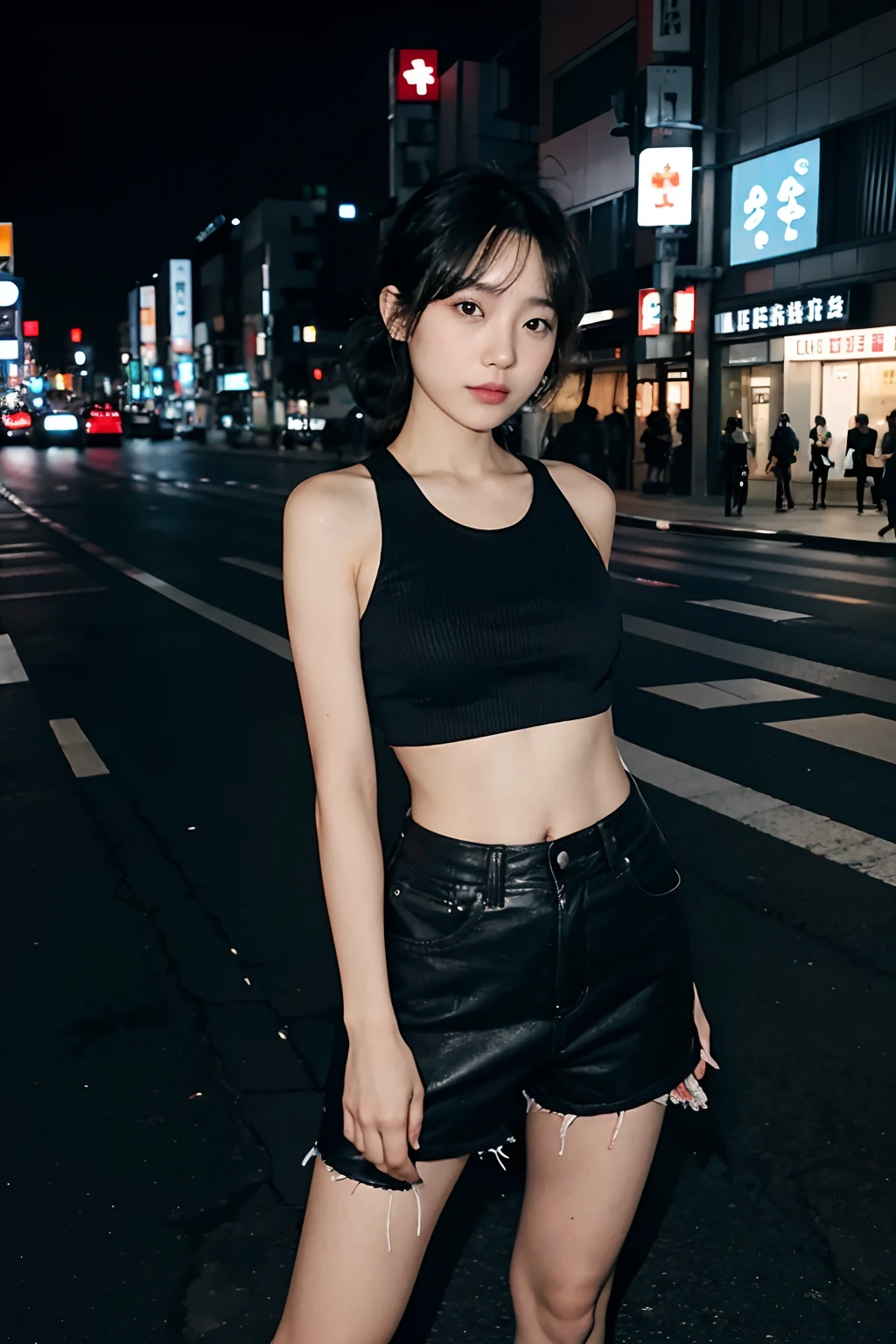 there is a woman standing on the side of the road, on rooftop tokyo night, chiho, in a tokyo street, in tokyo at night, in the city, in the streets of tokyo, in tokio, on future tokyo night rooftop, in neotokyo, wearing a cropped black tank top, in city street, in the middle of the city