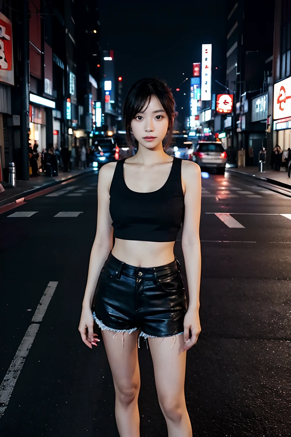 there is a woman standing on the side of the road, on rooftop tokyo night, chiho, in a tokyo street, in tokyo at night, in the city, in the streets of tokyo, in tokio, on future tokyo night rooftop, in neotokyo, wearing a cropped black tank top, in city street, in the middle of the city