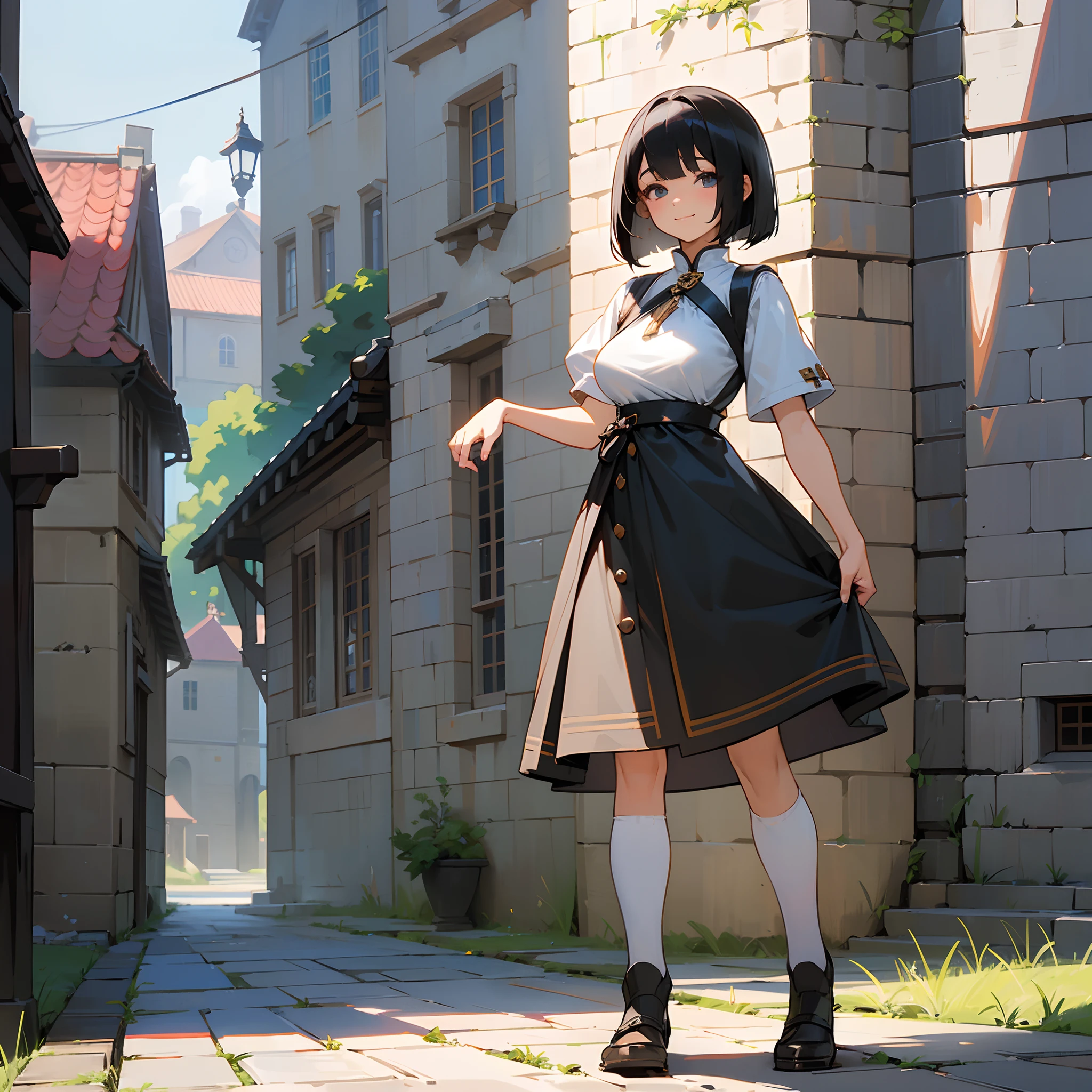With the best image quality、Teenage girl standing alone outdoors。In high resolution、Beautiful fine details、tranquil atmosphere。((Black Hair Bob Hair))、Cute smile。(((breasts are large)))、I don't have anything in my hands、realistic hand、Medieval European national costume with short sleeves、Medieval European Streets、Leather shoes。