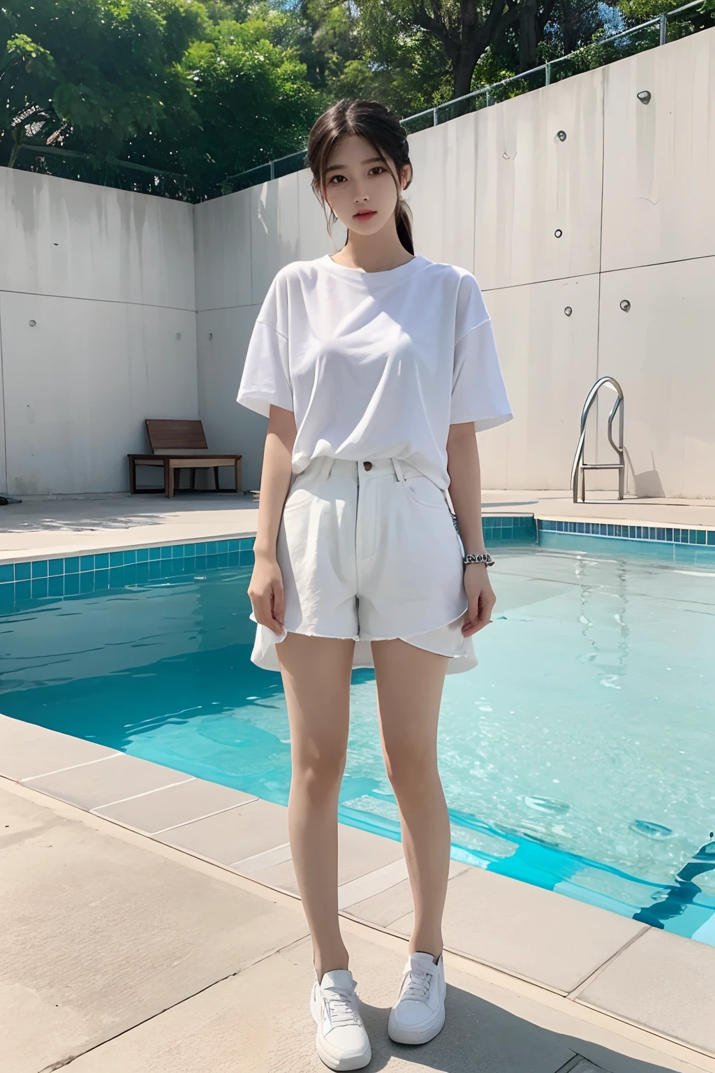 a woman standing in front of a pool wearing a white shirt, white trendy clothes, korean women's fashion model, 2 0 2 0 fashion, official, casual clothing style, short sleeves, modern casual clothing, bae suzy, korean girl, casual white garment, casual modern clothing, casual clothing, trendy clothes, korean idol, white t-shirt, white t - shirt