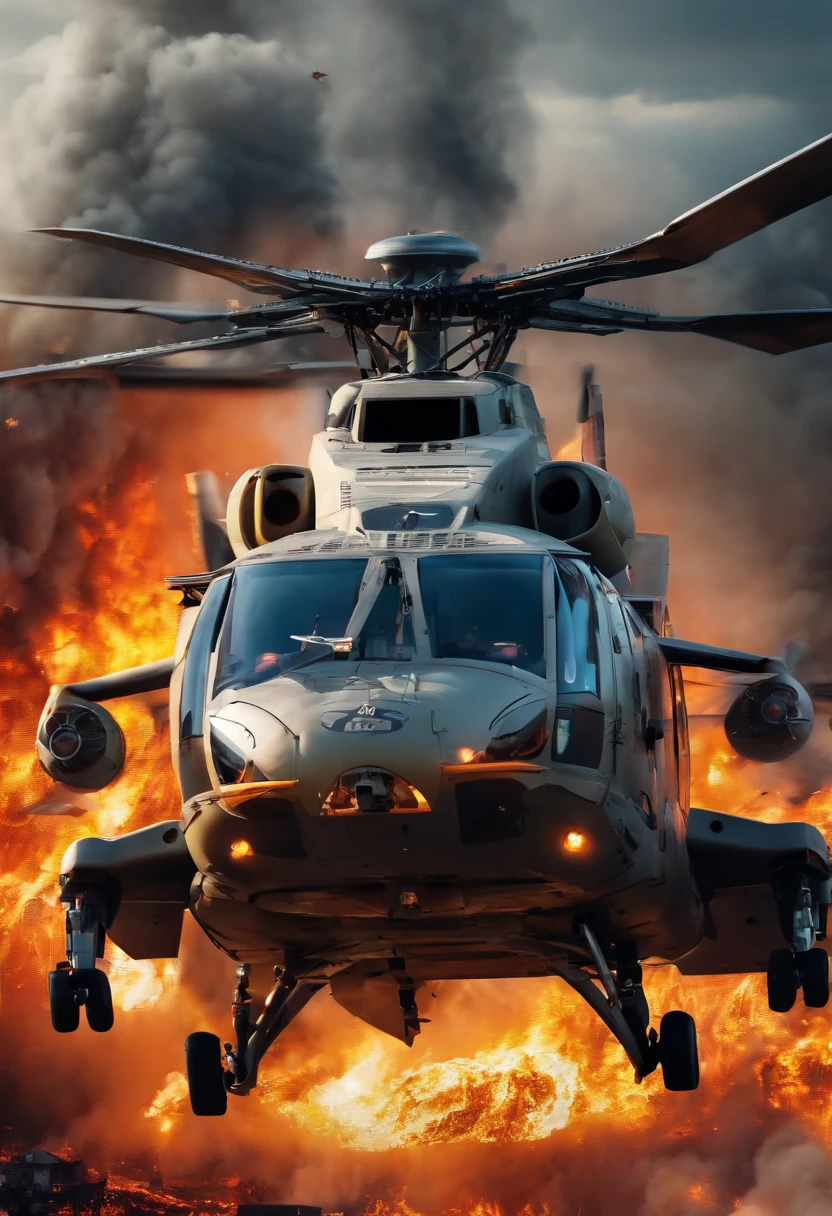 Future military air rescue helicopter flying over the city of earthquake and fire with destruction of the city