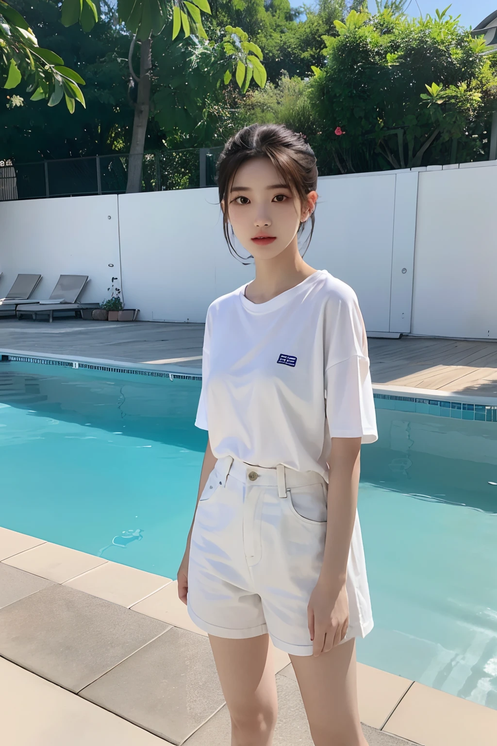 a woman standing in front of a pool wearing a white shirt, white trendy clothes, korean women's fashion model, 2 0 2 0 fashion, official, casual clothing style, short sleeves, modern casual clothing, bae suzy, korean girl, casual white garment, casual modern clothing, casual clothing, trendy clothes, korean idol, white t-shirt, white t - shirt