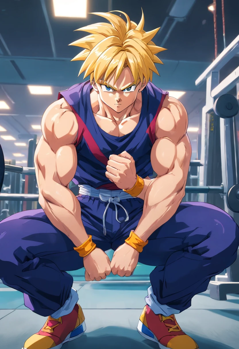 Trunks, Anime, Dragon Ball Z, Masculino, training intensely in a bodybuilding gym, expression serious, Well-defined and detailed muscles