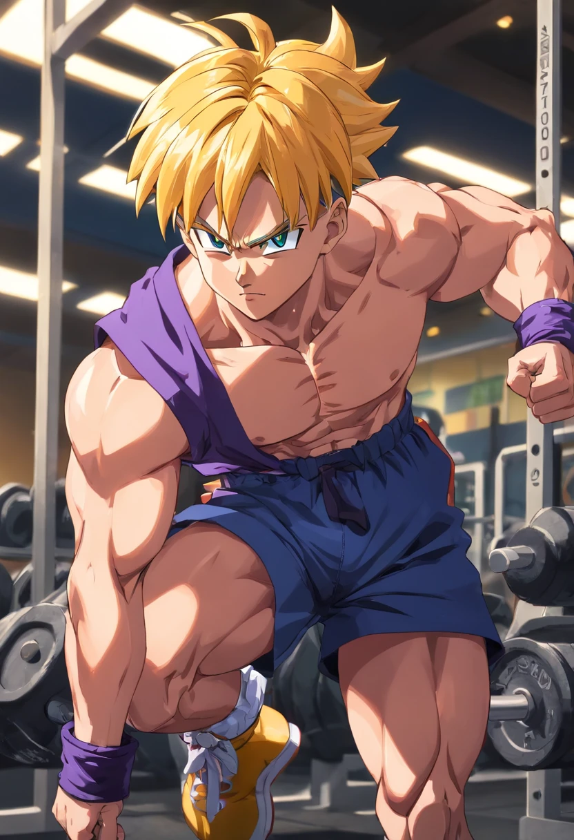 Trunks, Anime, Dragon Ball Z, Masculino, training intensely in a bodybuilding gym, expression serious, Well-defined and detailed muscles