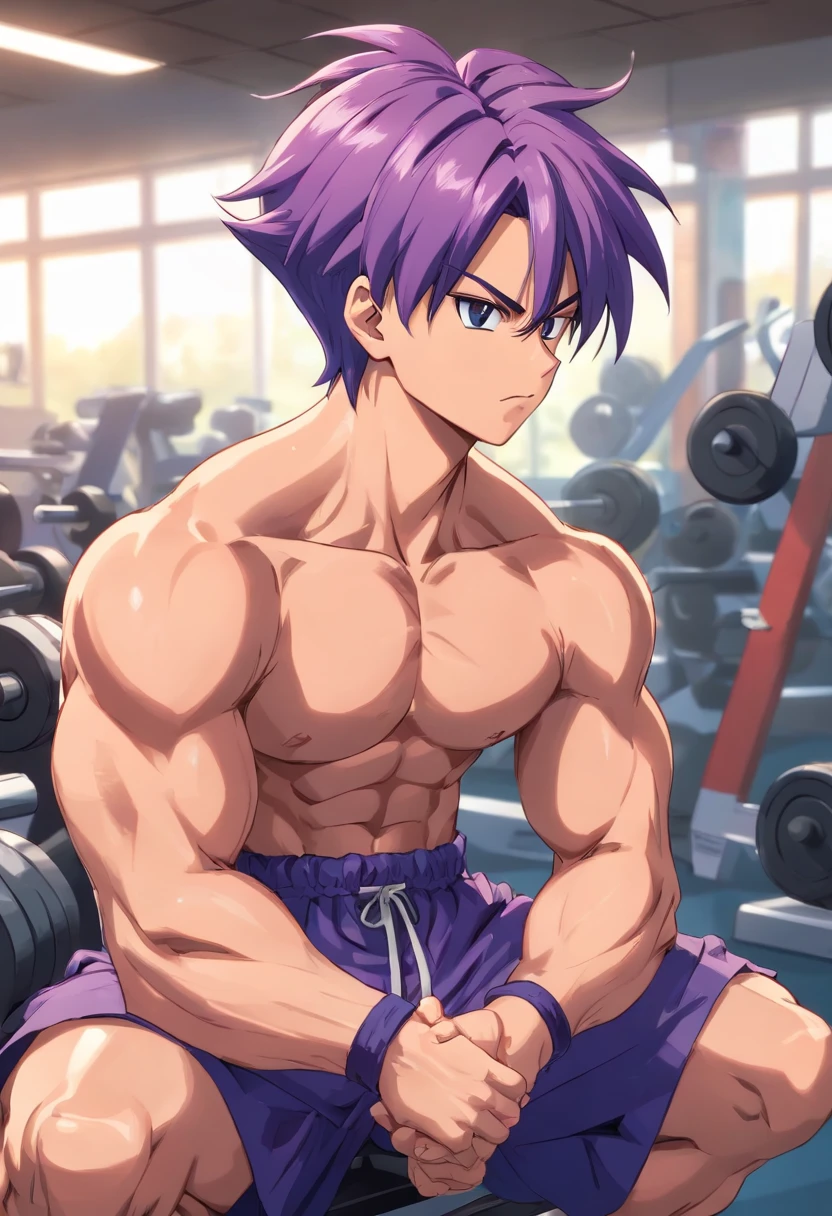 Trunks, Anime, Dragon Ball Z, Masculino, training intensely in a bodybuilding gym, expression serious, Well-defined and detailed muscles