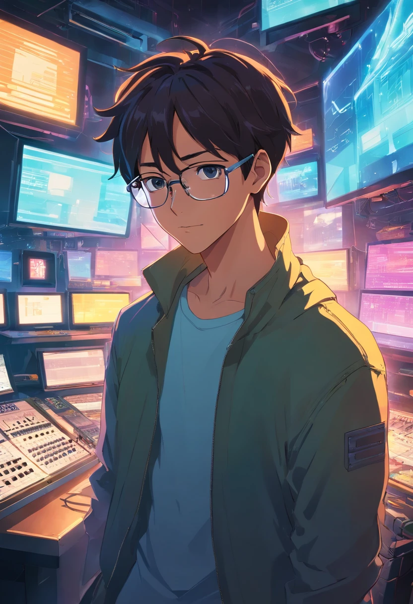 .RAW, wide angle, A man in a studio recording in the future wears glasses., Pele negra avermelhada, laboratory, hardware, Ambiente Luminoso, neon light, ((cyberpunk))