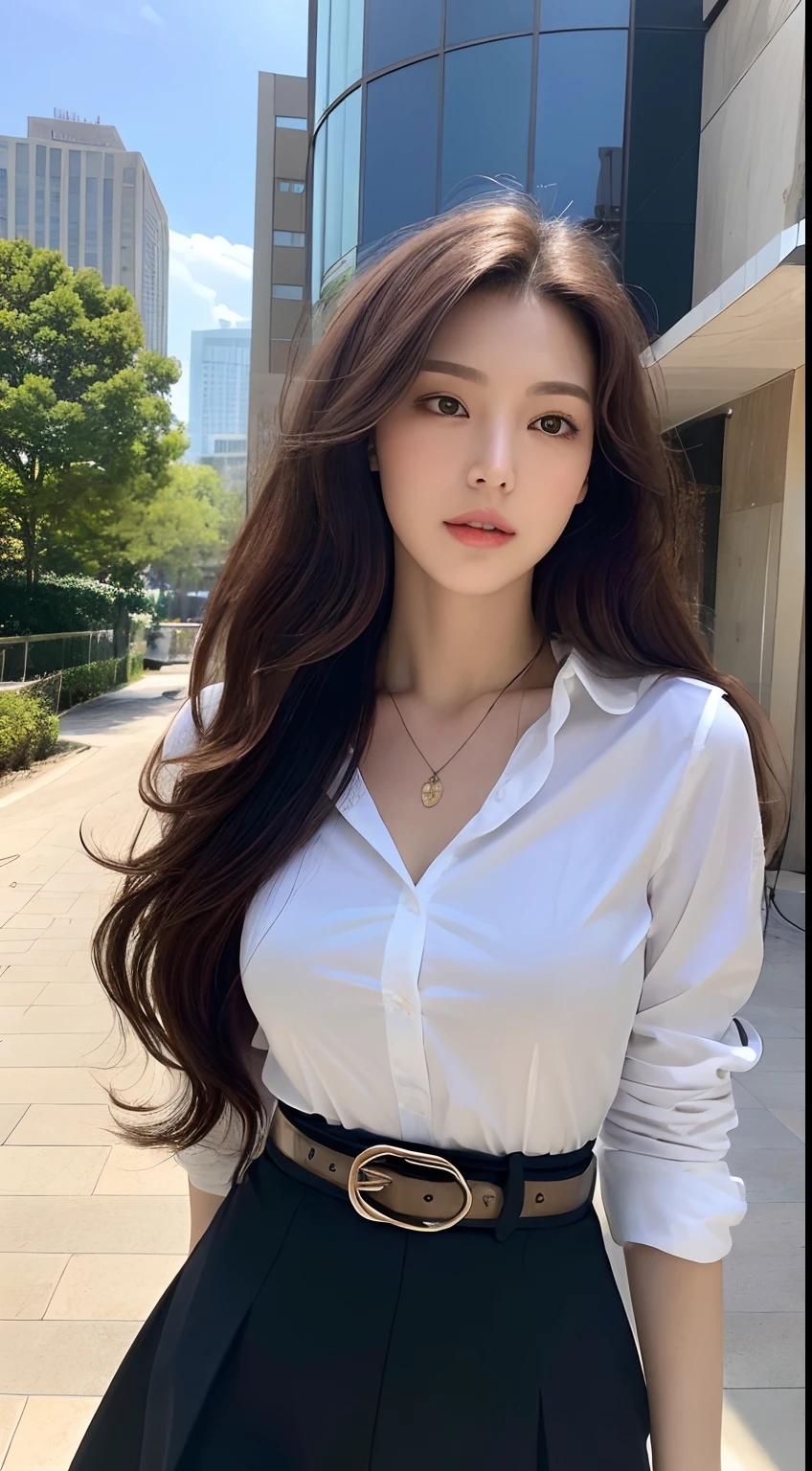 (Best quality, A high resolution, masterpiece :1.3), Tall and beautiful woman, Slim abs, dark brown hair, laid by free waves., breast, Wearing a pendant, white button up shirt, belt, black skirt, (Modern architecture in the background), Detail is exquisitely captured on the face and skin texture., detailed eyes, double eyelid