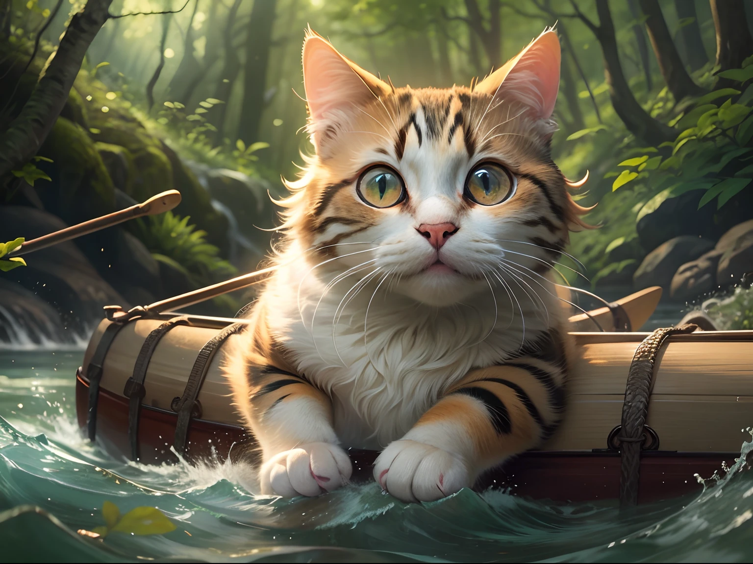 Round-eyed cat, adolable, Canoeing, In the forest rapids