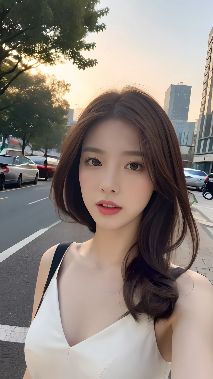 ((Realistic lighting, Best quality, 8K, Masterpiece: 1.3)), Focus: 1.2, 1girl, Perfect Figure: 1.4, Slim Abs: 1.1, ((Dark brown hair)), (White dress: 1.4), (Outdoor, Night: 1.1), City streets, Super fine face, Fine eyes, Double eyelids,