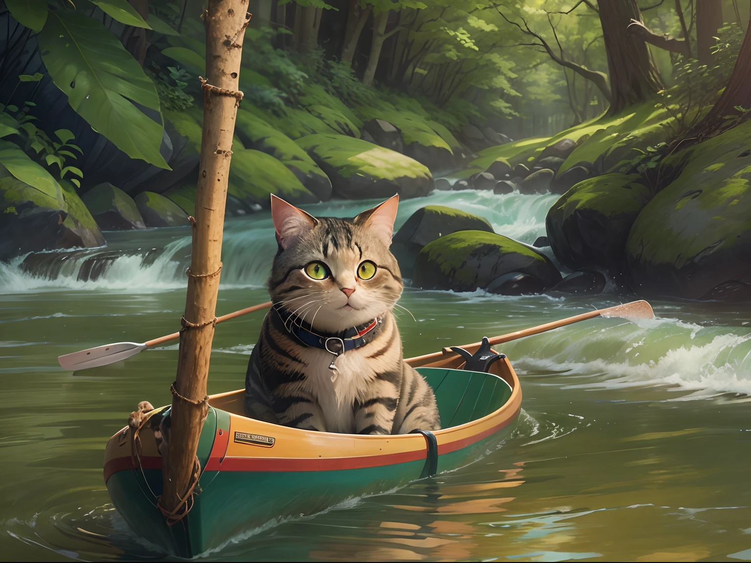 Round-eyed cat, adolable, Canoeing, In the forest rapids