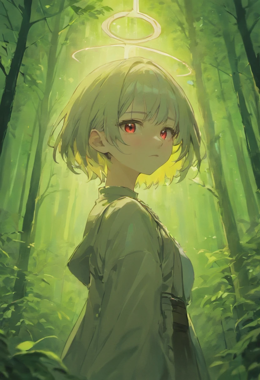 1girl, beautiful girl, short silver hair, forest setting, badass, mature, comma hair, comma hair on forehead, dark, glowing red eyes, looking at viewer, upper body, t-shirt cropped, low-rise skirt, Best quality, spectacular, bust up