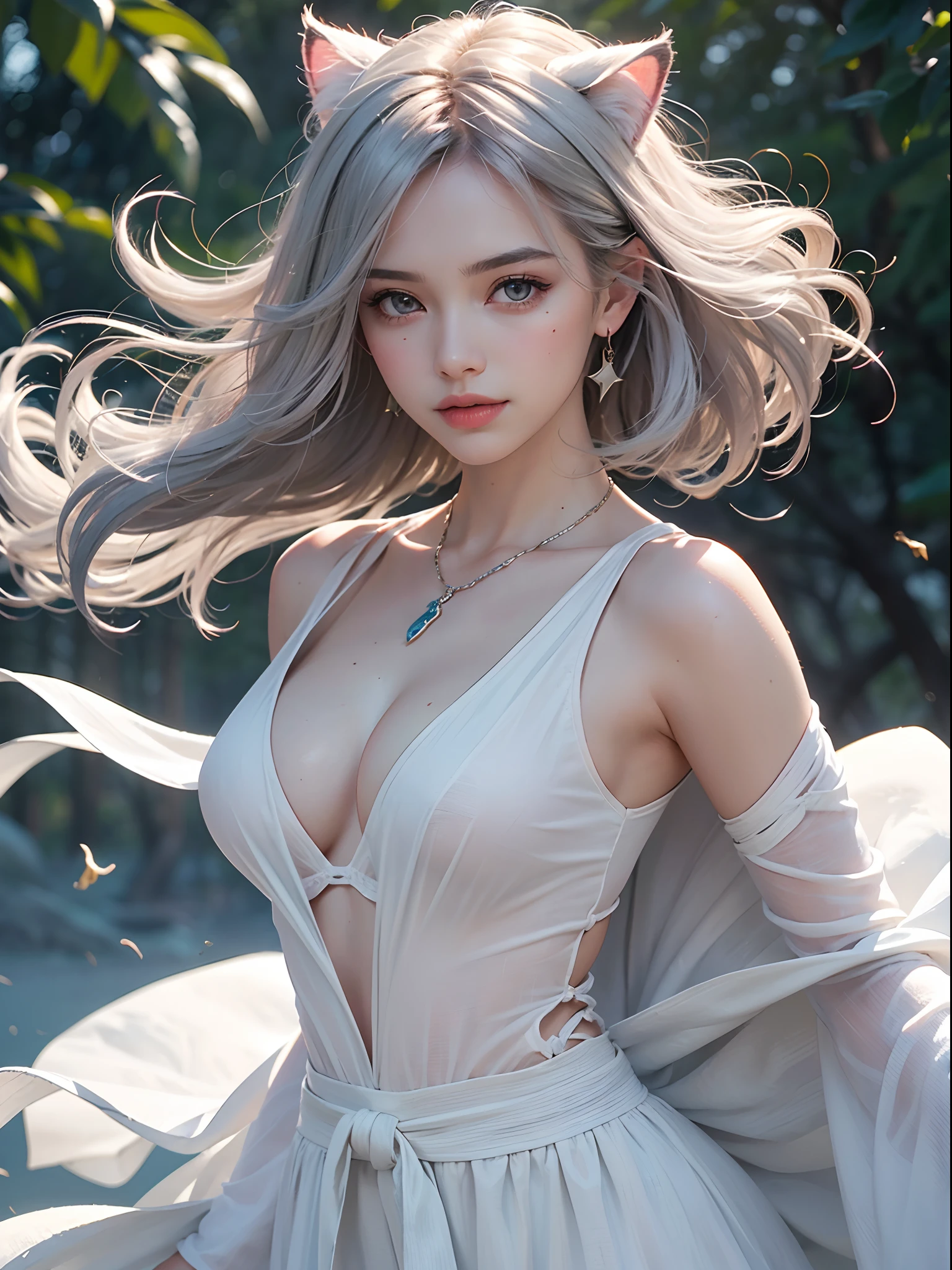 Unbeatable masterpiece, Ultra photo realsisim, Perfect artwork, Intricate details, Best quality, Strong light , High contrast, Dynamic pose, Dutch angle , ((Depth of field)) , (Core background:1.25) , Upper body:1.5 , focus onface:1.5 , (1 girl) , Solo , (9-tailed cat) , Cat ears:1.5 , Golden cape , Bandages , White robe ,Clear face , Bench promises , Armpits , hand on hips , (Detailed background) , (Best illumination , An extremely delicate and beautiful) , (Beautiful Meticulous Girl:1.1) , (Ultra-detailed) , Vibrant colors , Sharp focus , Seductive ,The sheen:1.2 , (wind lift:1.4) , ((Silver hair)) , (Shiny skin:1.5) , Big breasts ,Beautiful detailed eyes , necklace , Earrings , Hair care , Sweat , Blush perfect face:1.1 , Gorgeous body , (high detailed skin texture:1.1) , Bruyes , Stars in Eyes , Sevier's smile , Pink hairpins , eyeball , eyes liner ,(Floating hair:1.21) , (There are no missing fingers or fingers) , (Original) , (Best quality)(Masterpiece) , Beautiful eyes , (Delicate face) , Perfect detail , (best illuminate) , (super complex detail)