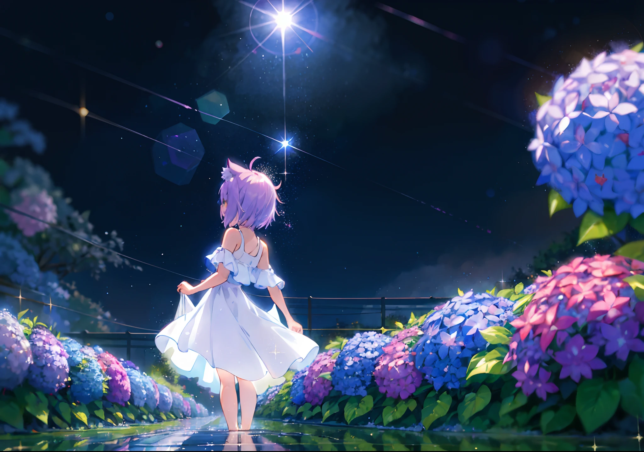 (solo), cute (1girl) walking,path,[from below:1.2],sine short hair, puddle,Water Reflection,rain,floating water drop,hydrangea,(blurry foreground),dynamic angle,asphalt,(night sky),lens flare, (glitter:1.2) nekomata okayu, from behind, expose back, tank top, off-shoulder, Dress