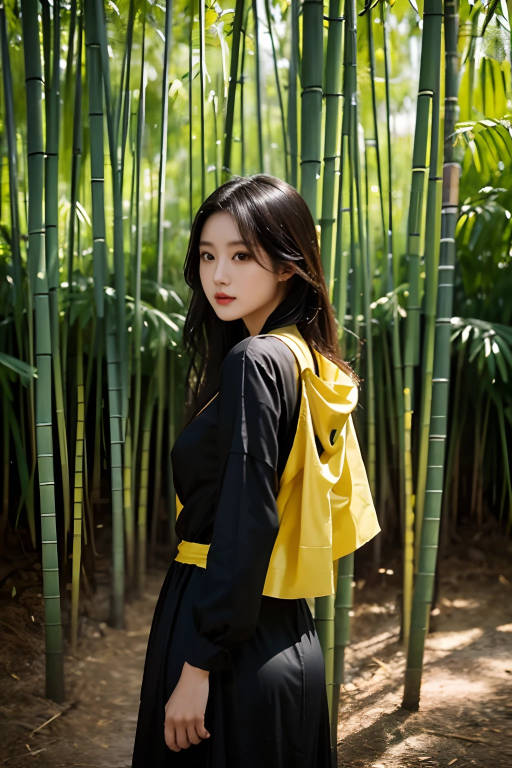 a close up of a woman in a black dress standing near a bamboo tree, with yellow cloths, yellow and black, inspired by Huang Ji, ruan jia beautiful!, black and yellow, dang my linh, inspired by Yang J, wearing a yellow dress, lady using yellow dress, wavy hair yellow theme, korean women's fashion model, with lovely look
