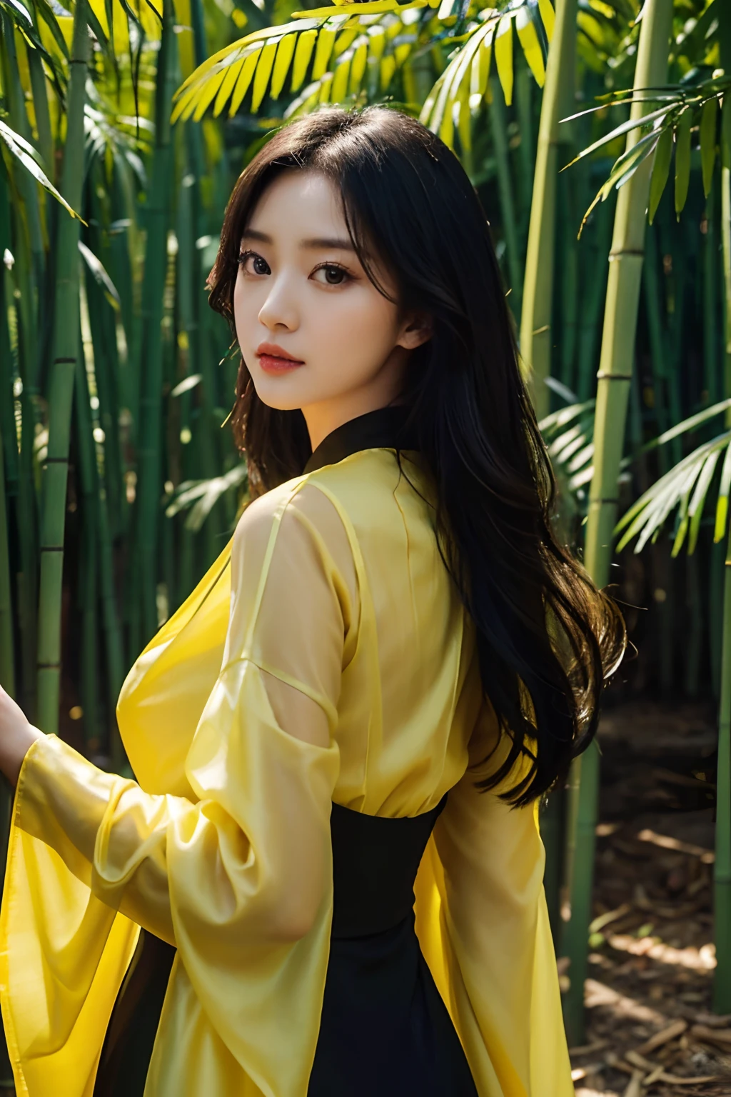 a close up of a woman in a black dress standing near a bamboo tree, with yellow cloths, yellow and black, inspired by Huang Ji, ruan jia beautiful!, black and yellow, dang my linh, inspired by Yang J, wearing a yellow dress, lady using yellow dress, wavy hair yellow theme, korean women's fashion model, with lovely look