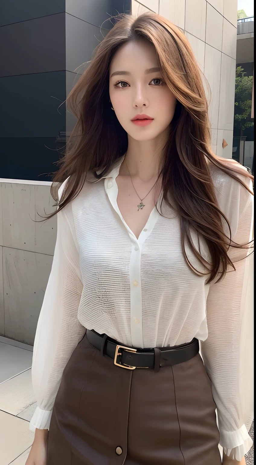 (Best Quality, High Resolution, Masterpiece: 1.3), a tall and beautiful woman, slender abs, dark brown hair in loose wavy styling, breasts, wearing a pendant, white button-down shirt, belt, black skirt, (RV in the background), face and skin texture in beautifully presented details, detailed eyes, double eyelids, dark stockings, slender thighs