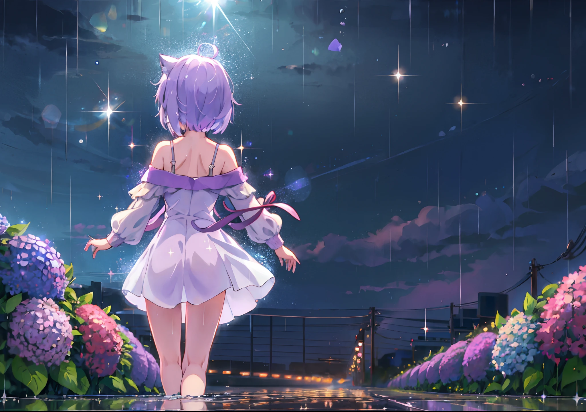 (solo), cute (1girl) walking,path,[from below:1.2],sine short hair, puddle,Water Reflection,rain,floating water drop,hydrangea,(blurry foreground),dynamic angle,asphalt,(night sky),lens flare, (glitter:1.2) nekomata okayu, from behind, expose back, tank top, off-shoulder, Dress