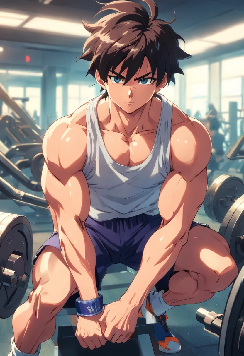Troncos, anime, Dragon ball z, masculino, training intensely in a bodybuilding gym, expression serious, Well-defined and detailed muscles
