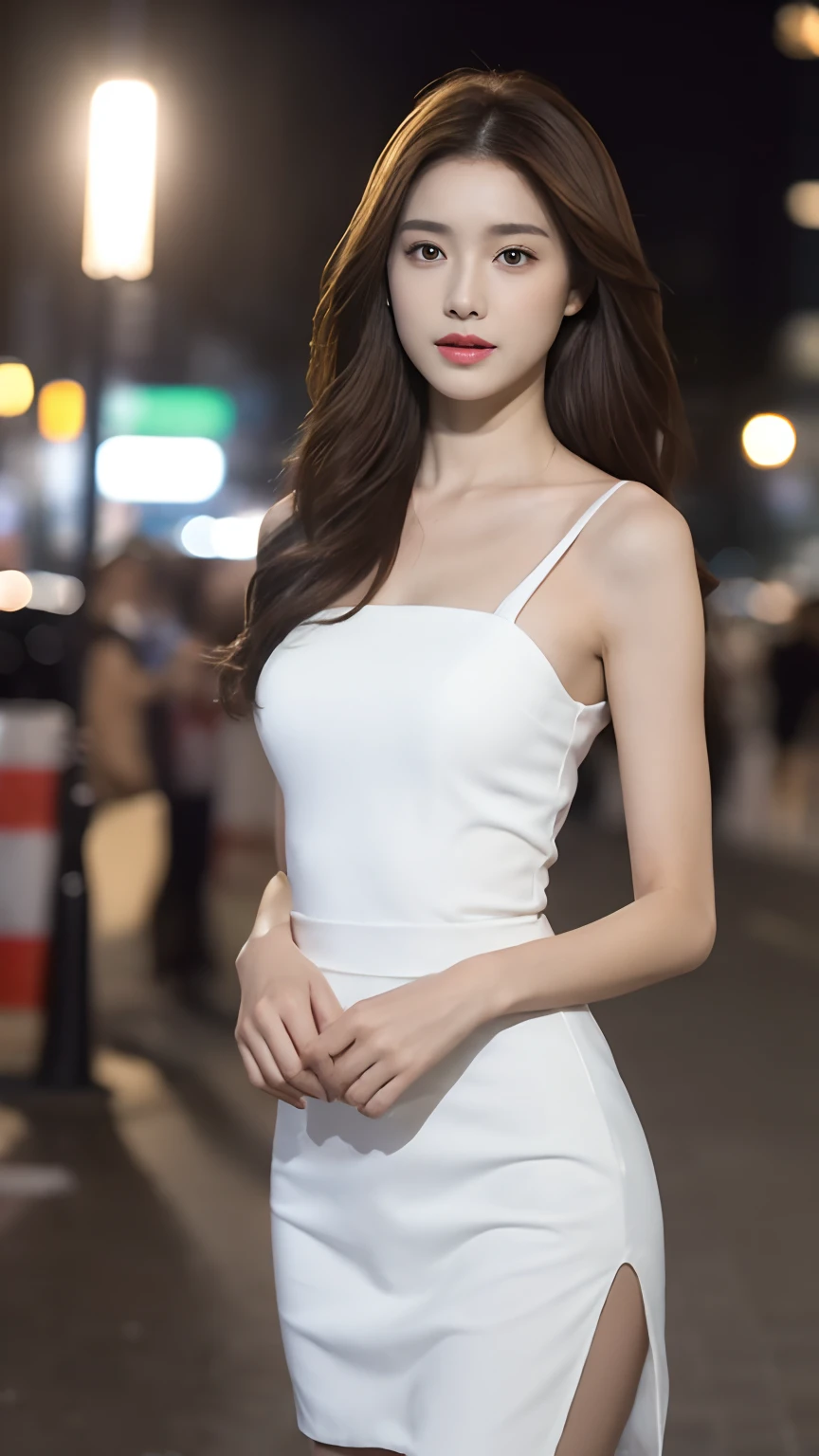 ((Realistic lighting, Best quality, 8K, Masterpiece: 1.3)), Focus: 1.2, 1girl, Perfect Figure: 1.4, Slim Abs: 1.1, ((Dark brown hair)), (White dress: 1.4), (Outdoor, Night: 1.1), City streets, Super fine face, Fine eyes, Double eyelids,
