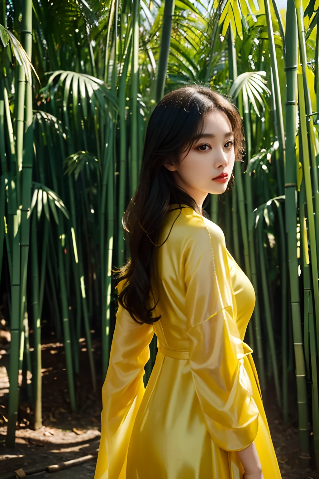 a close up of a woman in a black dress standing near a bamboo tree, with yellow cloths, yellow and black, inspired by Huang Ji, ruan jia beautiful!, black and yellow, dang my linh, inspired by Yang J, wearing a yellow dress, lady using yellow dress, wavy hair yellow theme, korean women's fashion model, with lovely look
