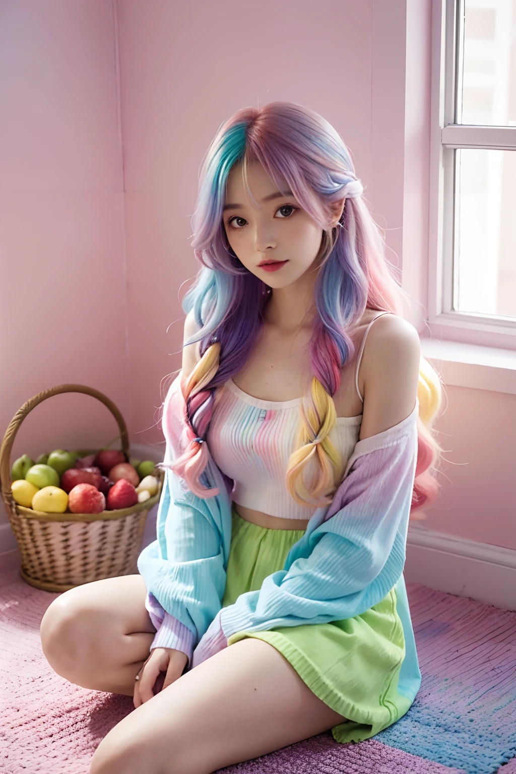 arafed woman sitting on the floor with a basket of fruit and flowers, two color hair, long hair with pastel colors, aurora colored hair, colorful pastel, lalisa manobal, hair coloring, multicolored hair, colourful long hair, two tone hair dye, colorful hair, gradient hair, pastel color, colored hair, light iridescent hair color