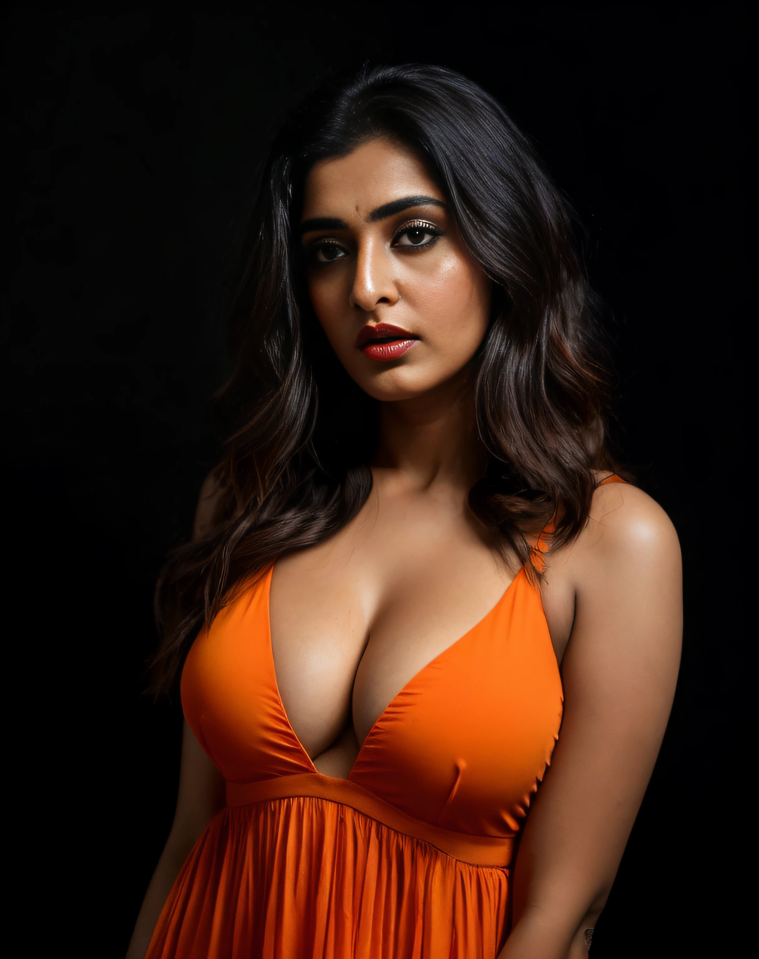 (editorial photograph of an Indian actress ayesha singh, energetic, 21 y.o. female), (wearing worn out clothes, detailed:1.3), (orange natural big lips, highly detailed face:1.4), (background inside dark, moody, private study, studio lights:1.3), (8k, uhd, dslr, high quality, cinematic lighting, bokeh), (dramatic, award winning photography, incredible masterpiece:1.3) (strong depth of field), dark orange lips, ayesha singh Hindi Actress(model) big breast