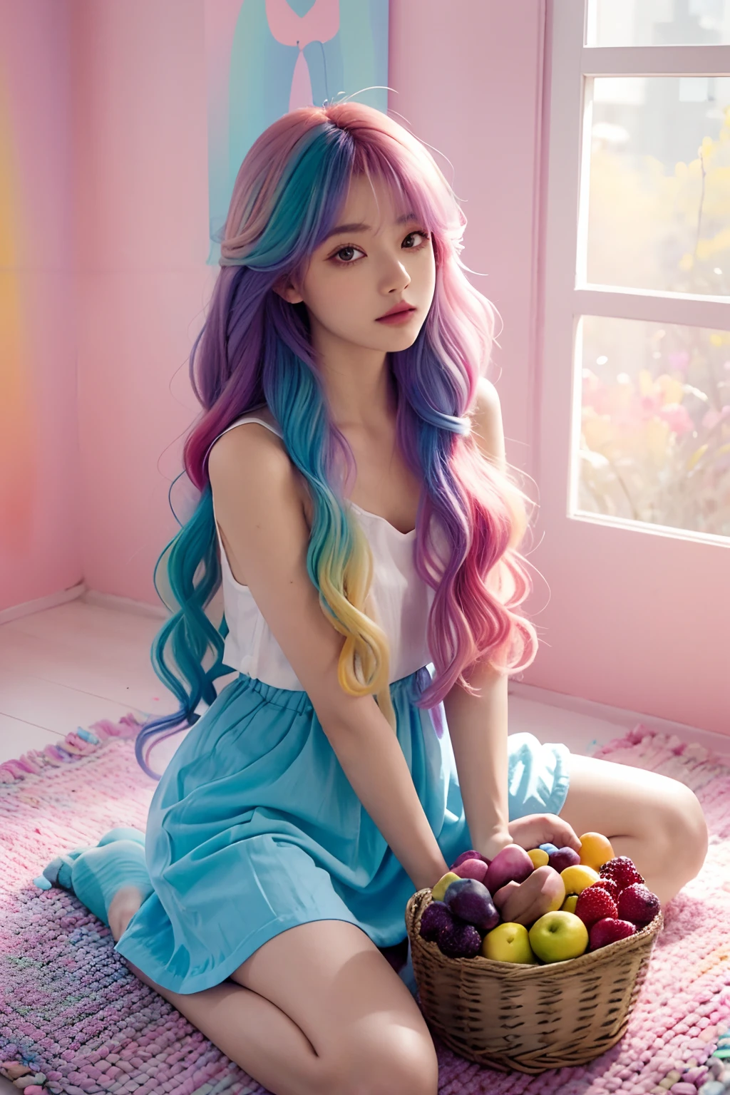 arafed woman sitting on the floor with a basket of fruit and flowers, two color hair, long hair with pastel colors, aurora colored hair, colorful pastel, lalisa manobal, hair coloring, multicolored hair, colourful long hair, two tone hair dye, colorful hair, gradient hair, pastel color, colored hair, light iridescent hair color