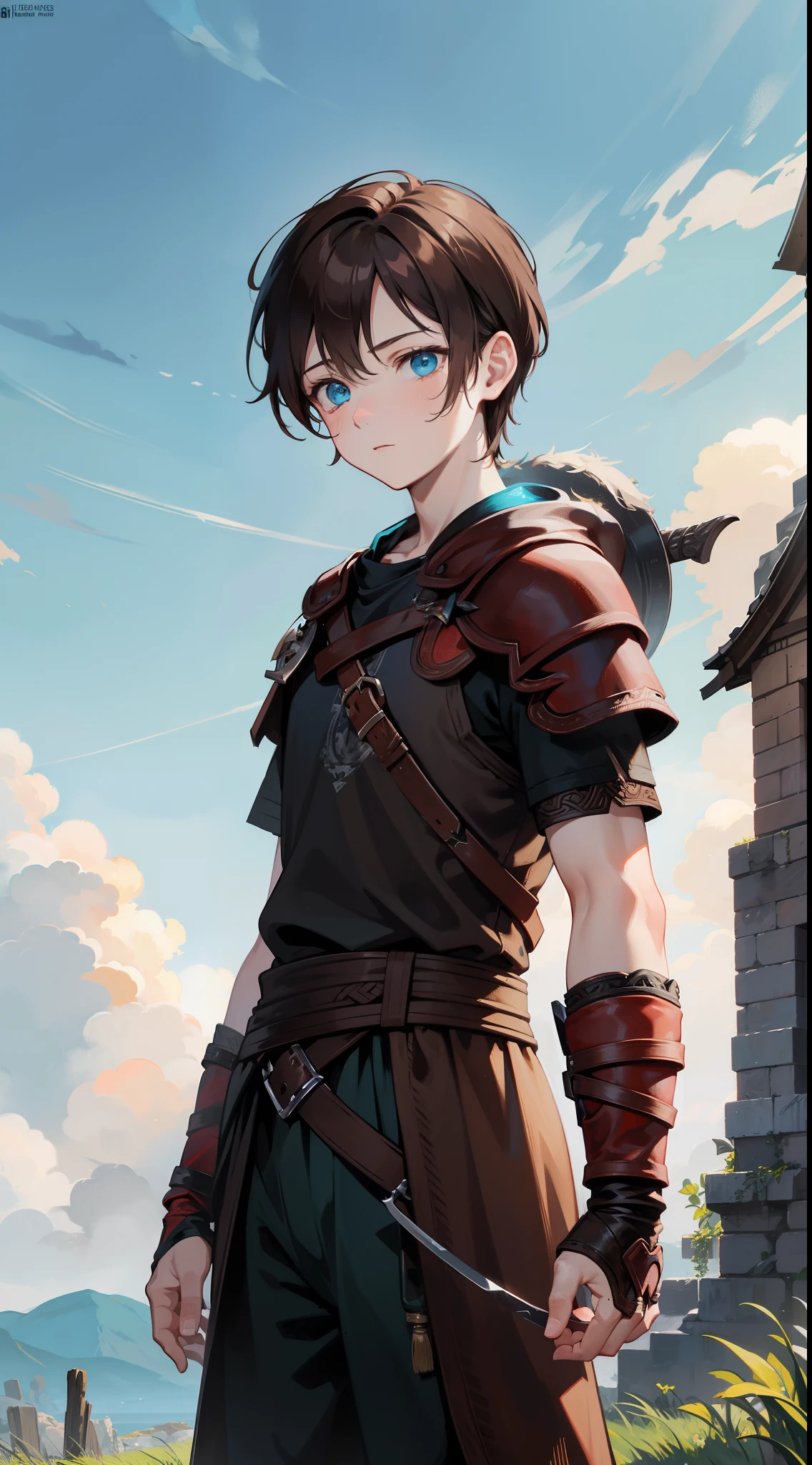 young boy, Atreus (God of War), brown hair, Cyan eyes, Hunter's clothes, Viking, Masterpiece, hiquality, high detail, HD, 4k