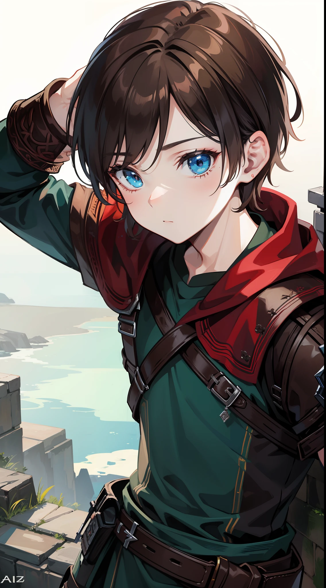 young boy, Atreus (God of War), brown hair, Cyan eyes, Hunter's clothes, Viking, Masterpiece, hiquality, high detail, HD, 4k