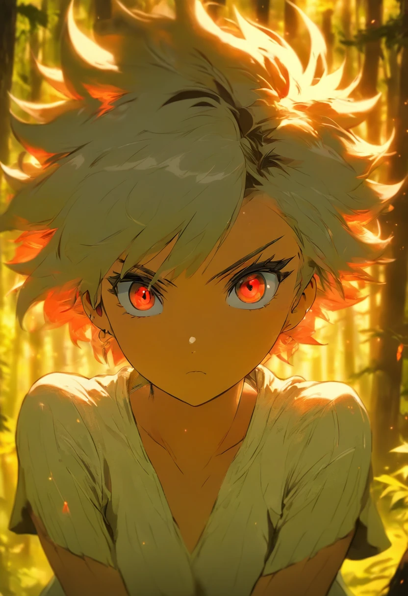 1girl, beautiful girl, short silver hair, forest setting, mature, comma hair, comma hair on forehead, dark, glowing red eyes, looking at viewer, upper body, t-shirt cropped, low-rise skirt, Best quality, spectacular, bust up