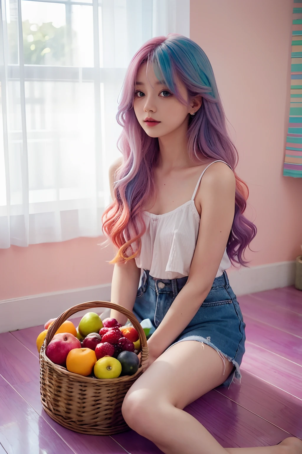 arafed woman sitting on the floor with a basket of fruit and flowers, two color hair, long hair with pastel colors, aurora colored hair, colorful pastel, lalisa manobal, hair coloring, multicolored hair, colourful long hair, two tone hair dye, colorful hair, gradient hair, pastel color, colored hair, light iridescent hair color